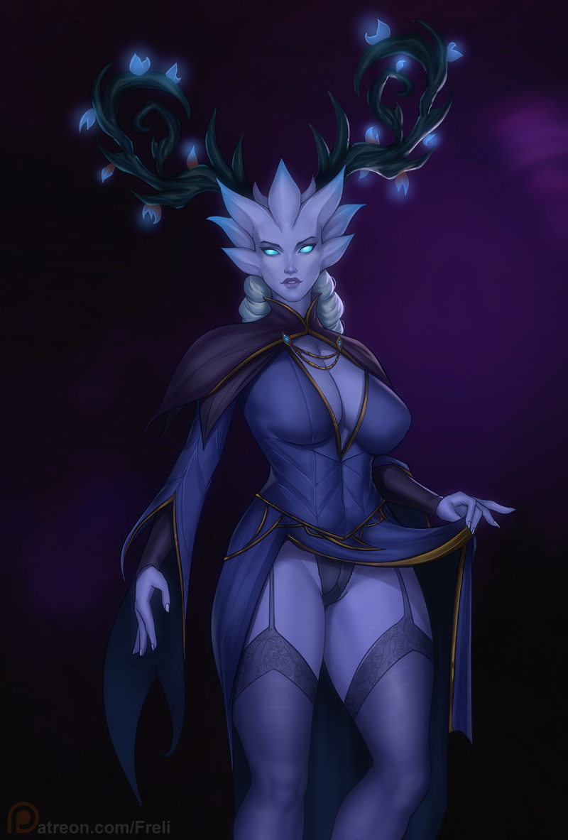 1girls ardenweald blue_skin cleavage deer_horns flashing freli glowing_eyes hips horns humanoid lace large_breasts night_fae panties silver_hair skirt_lift stockings winter_queen world_of_warcraft