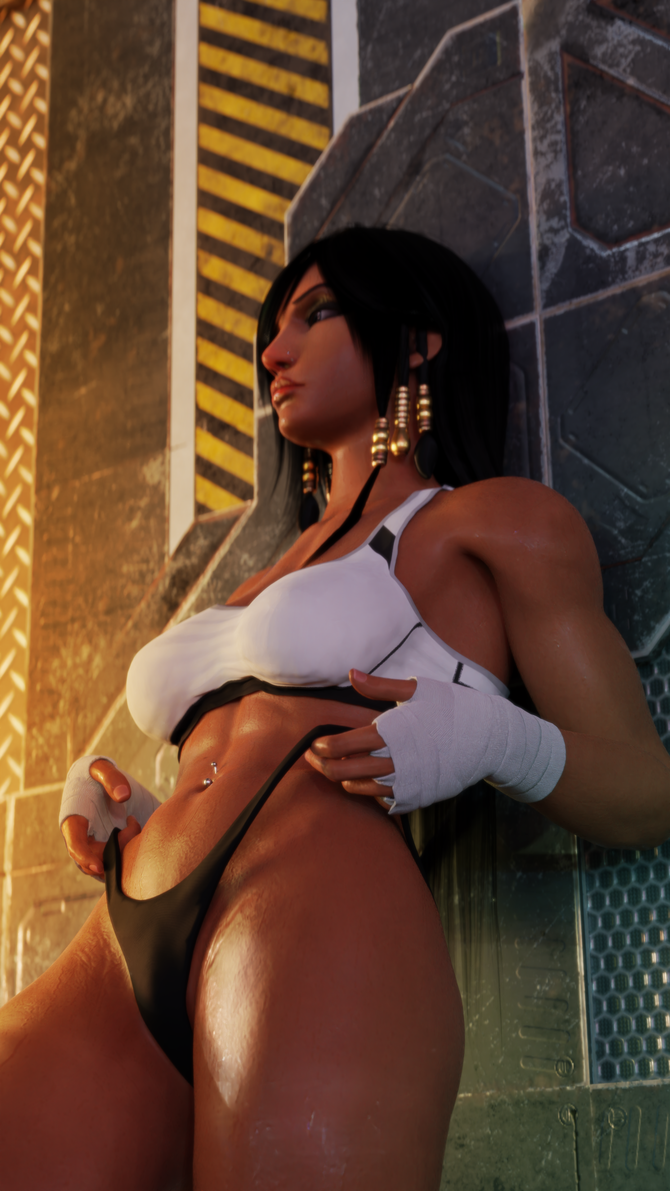 1girls, 3d, abs, black hair, blizzard entertainment, breasts, clothed, dark skin, dark-skinned female, female, fit, fit female, italessio27, medium breasts, navel piercing, overwatch, panties pull, pharah, pierxing, solo, string panties, wet, wet skin, wide hips