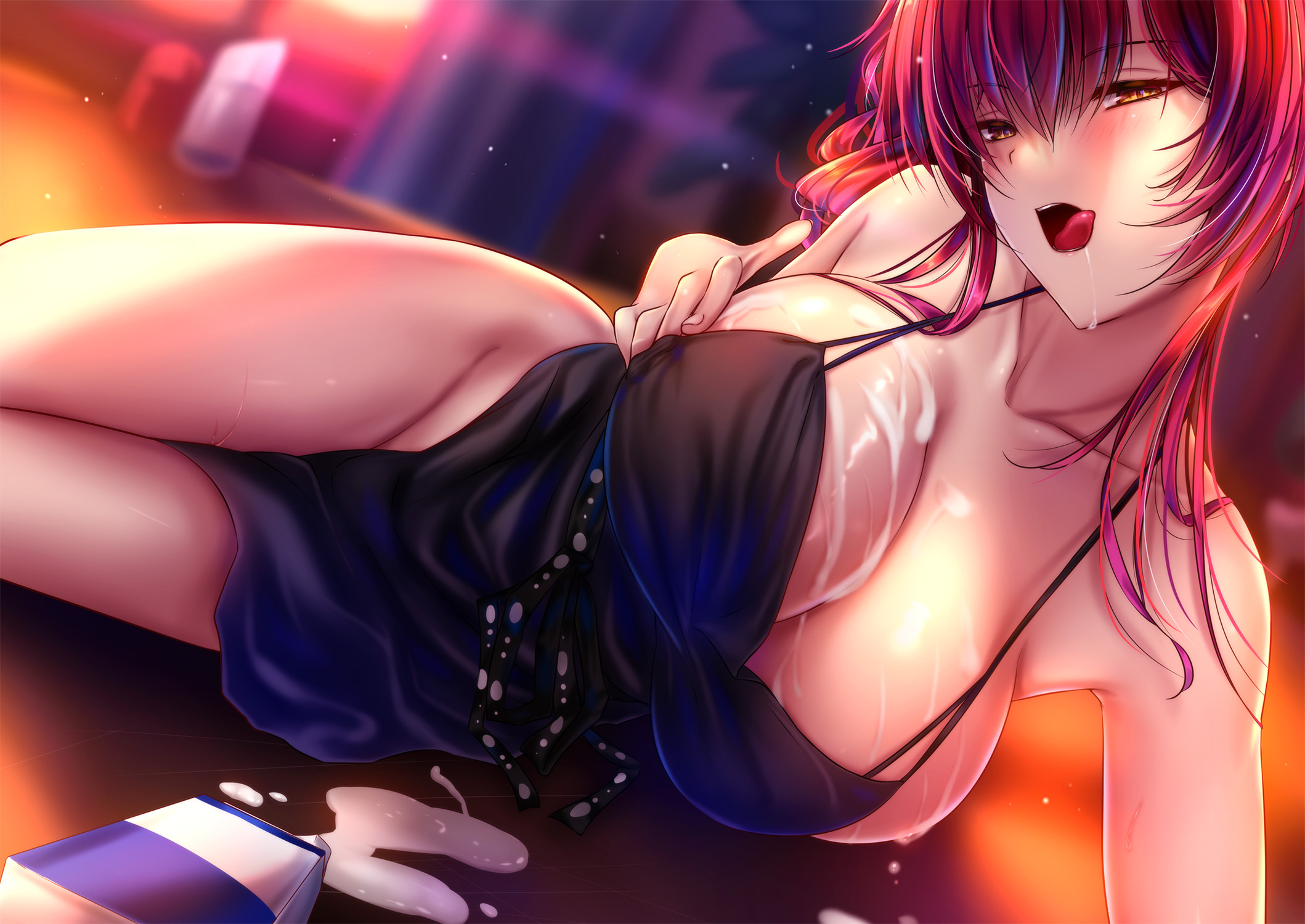 akeyama kitsune, apron, azur lane, black dress, breasts, female, milk, milk on breasts, tagme