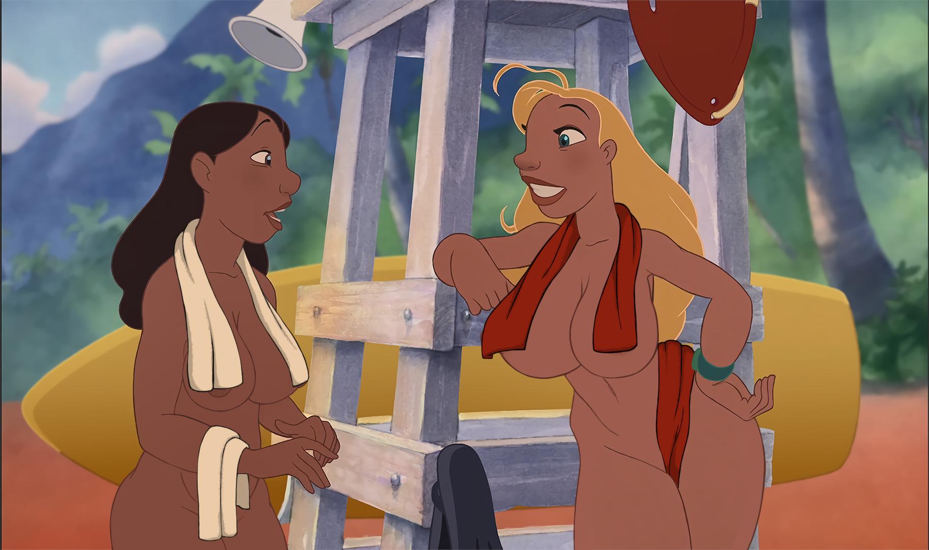 2girls, black hair, blonde hair, breasts, busty, casual, dark skin, dark-skinned female, disney, edit, female, hourglass figure, human, lifeguard (lilo and stitch), lilo and stitch, long hair, monkeyman (artist), multiple females, multiple girls, nani pelekai, public, tagme, towel, wide hips, wristwatch, wristwear