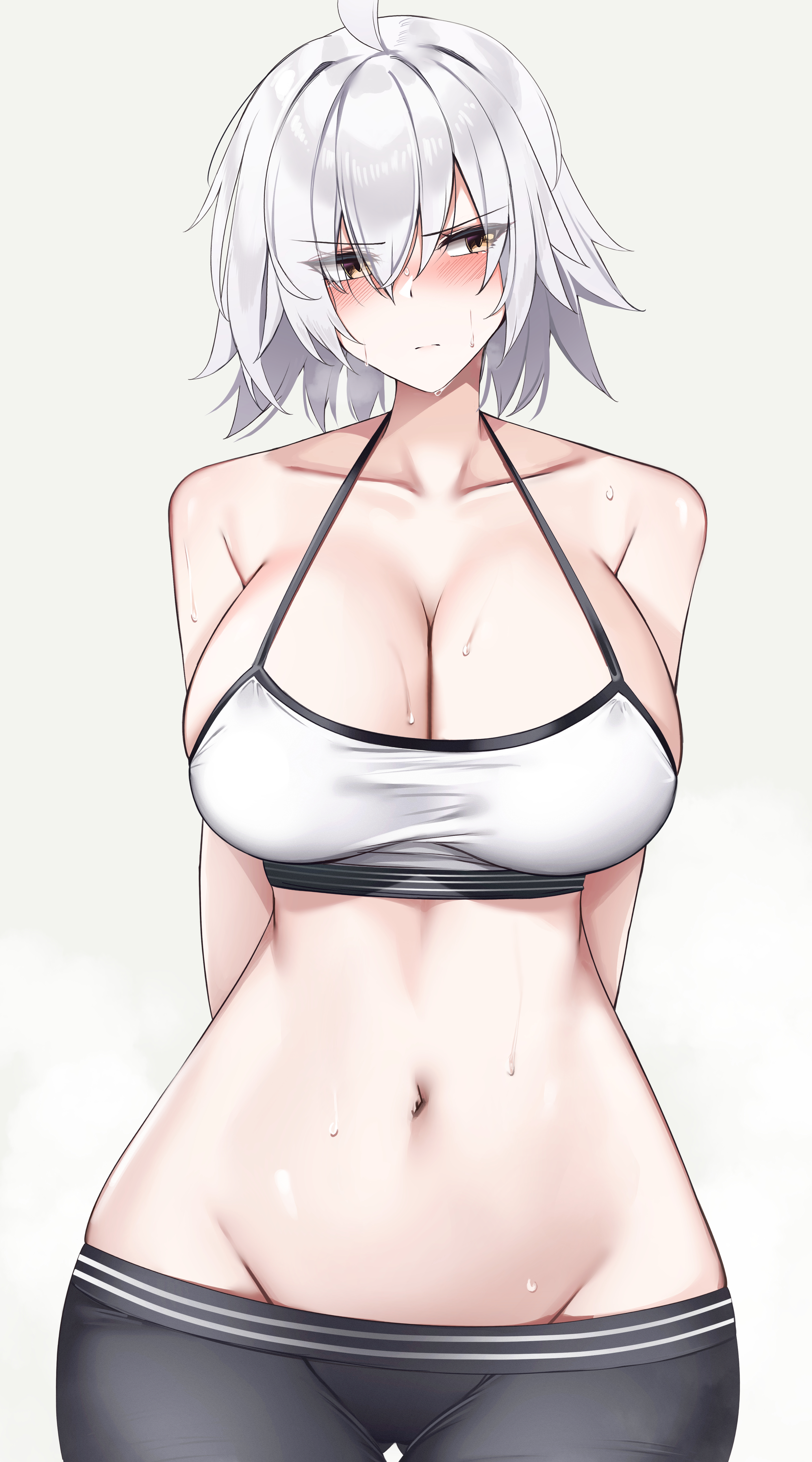 arms behind back, bannou ippoutsukou, bare shoulders, belly, blush, bottomless, breasts, cleavage, collarbone, covered nipples, embarrassed, eyebrows visible through hair, fate (series), fate/grand order, female, jeanne alter, large breasts, looking away, navel, no panties, no underwear, pants, pants pull, simple background, sports bra, sportswear, standing, stomach, sweat, sweatdrop, tight clothes, tight clothing, tight fit, white background, white hair, yellow eyes, yoga pants