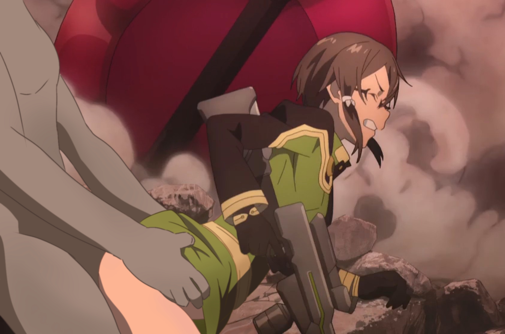 1boy, 1girls, ambiguous penetration, asada shino, ass, black hair, clenched teeth, closed eyes, female, forced, from behind, from behind position, glasses, gun, laser gun, laser rifle, male, mr trace mosha, mr. trace, pain, rape, rifle, sex, skirt, skirt lift, straight, sword art online, upskirt