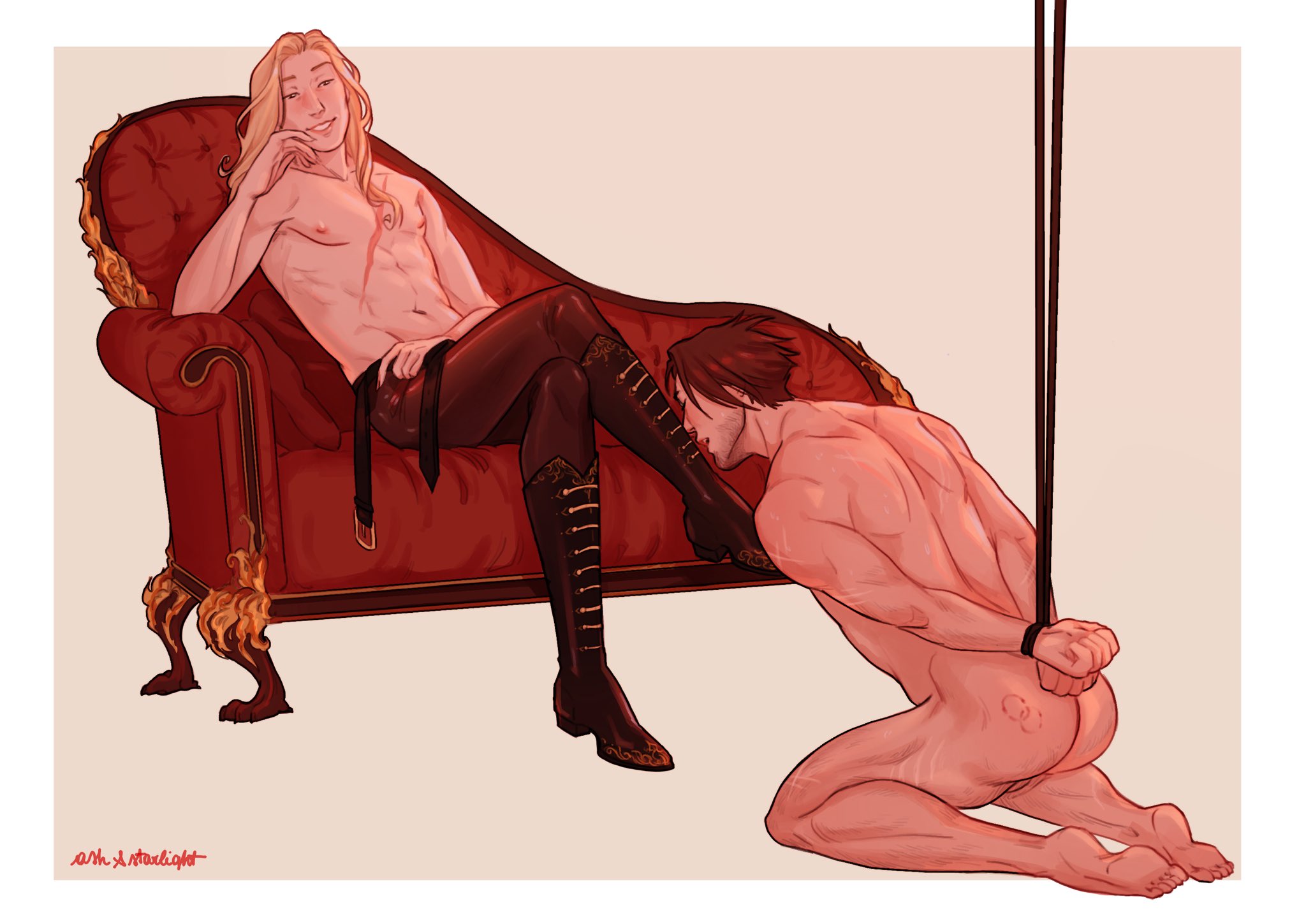 2boys, alucard (castlevania), ash & spice, ass, bare arms, bare ass, bare back, bare legs, bare shoulders, bare thighs, bishonen, bite mark, blonde hair, bondage, boots, bound, bound wrists, brown hair, castlevania, castlevania (netflix), consensual bondage, dhampir, facial hair, gay, gay domination, gentle maledom, happy, happy sub, leather pants, long hair, long-haired male, male, male dominating, male only, male/male, maledom, malesub, nude, nude male, on knees, playful, restrained, scar, scar on chest, shirtless, sitting, smile, soft domination, tied, tied hands, tied up, trevor belmont, vampire, wholesome, willing sub, yaoi