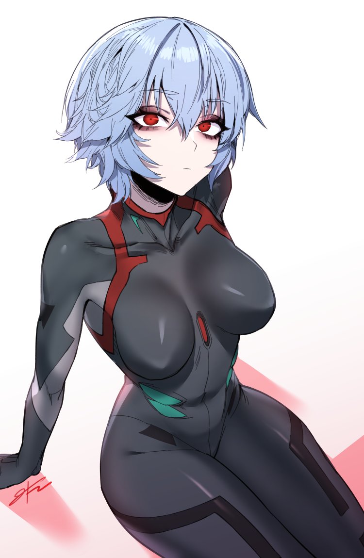 1girls, background, blue hair, bodysuit, breasts, clothing, curvy, expressionless, female, hair between eyes, human, j.k., light skin, light-skinned female, looking at viewer, medium breasts, neon genesis evangelion, nipple bulge, pale skin, pale-skinned female, pilot suit, plugsuit, rebuild of evangelion, red eyes, rei ayanami, short hair, skin tight, solo, wide hips