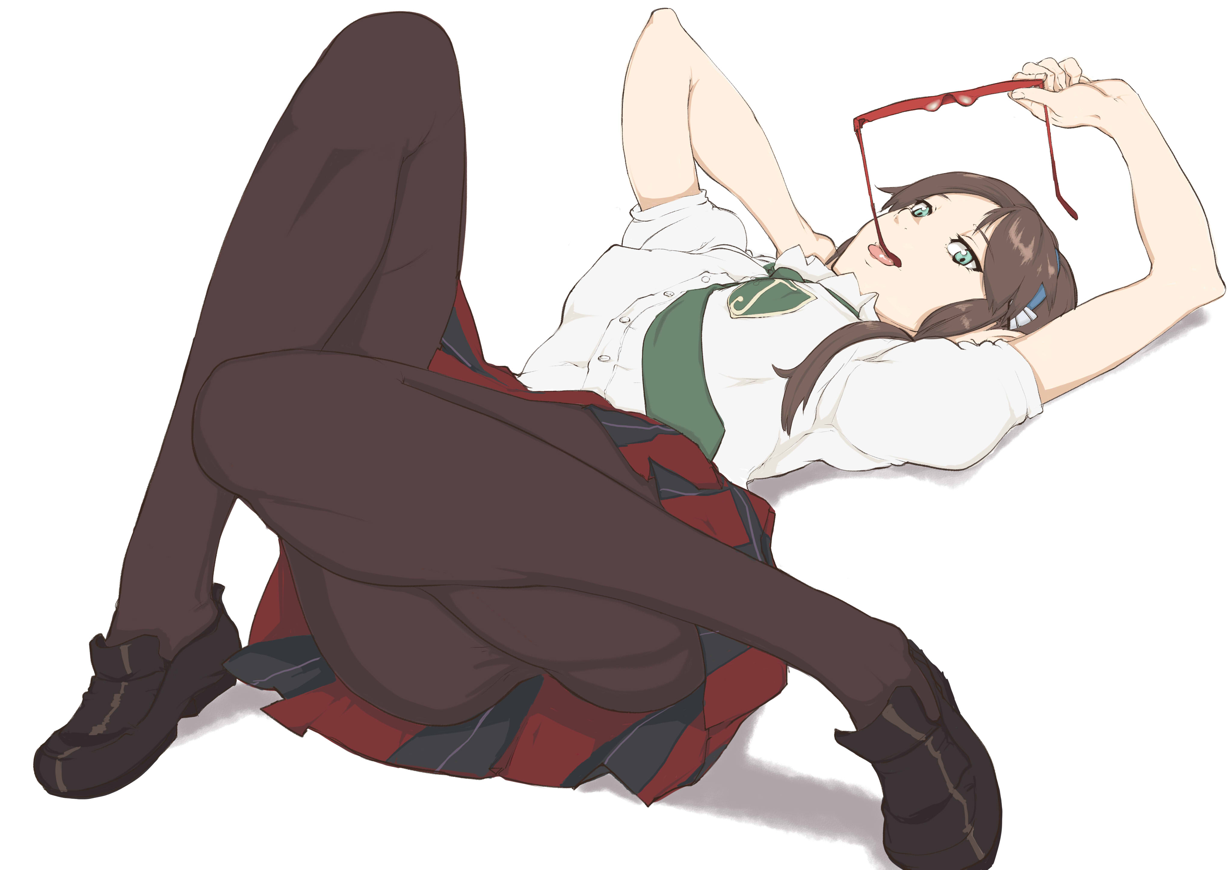 1girls, absurdres, ass, blue eyes, breasts, brown hair, clothing, female, glasses, hairband, highres, human, legs, light skin, light-skinned female, long hair, lying, mari illustrious makinami, necktie, neon genesis evangelion, open mouth, pantyhose, plaid, plaid skirt, rebuild of evangelion, school uniform, sexually suggestive, shoes, skirt, solo, tongue, twintails, wr (karakusa senbei)