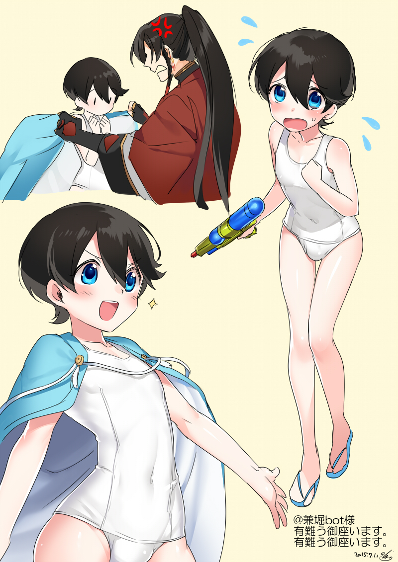 2boys age_difference anger_vein ashamed bare_shoulders belly_button black_hair blue_eyes bulge cape crossdressing eyebrows_visible_through_hair femboy flip_flops hair_between_eyes hands_on_chest hebino_rai horikawa_kunihiro izuminokami_kanesada japanese_clothes japanese_text mizugi one-piece_swimsuit open_arms open_mouth otoko_no_ko ponytail sandals short_hair swimsuit text touken_ranbu trap water_gun white_swimsuit yaoi