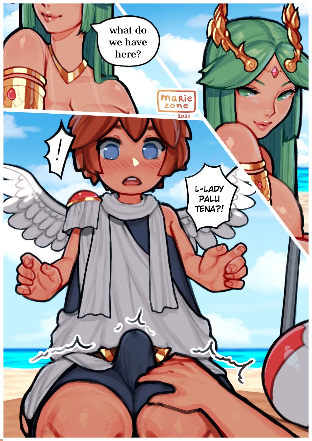 1boy 1girls beach blush breasts bulge cow_print_bikini embarrassed erection female goddess huge_breasts kid_icarus kid_icarus_uprising larger_female long_hair male mariezone micro_bikini nintendo ocean palutena pit pit_(kid_icarus) size_difference smaller_male tanline topless