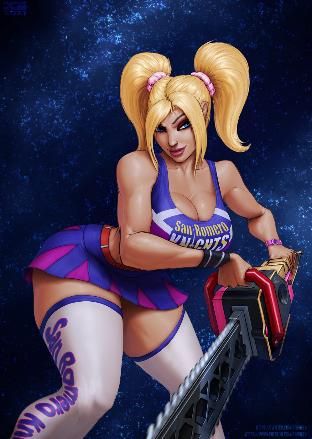 1girls, alternate version available, barretxiii, big breasts, breasts, cheerleader, cheerleader uniform, cleavage, female, female only, fully clothed, juliet starling, large breasts, lollipop chainsaw, solo, thick thighs, thighhighs, thunder thighs, wide hips