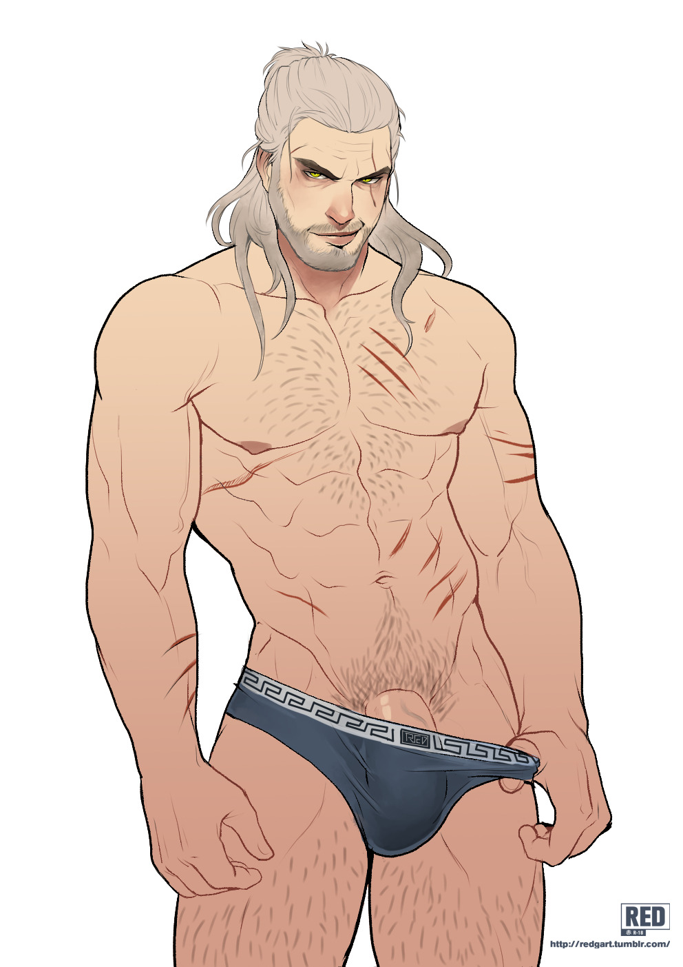 1boy abs beard biceps bulge cd_projekt_red geralt_of_rivia huge_cock human human_only male male_only muscular pecs redgart scar solo the_witcher the_witcher_(series) the_witcher_2 the_witcher_3:_wild_hunt thick_thighs underwear white_hair yellow_eyes