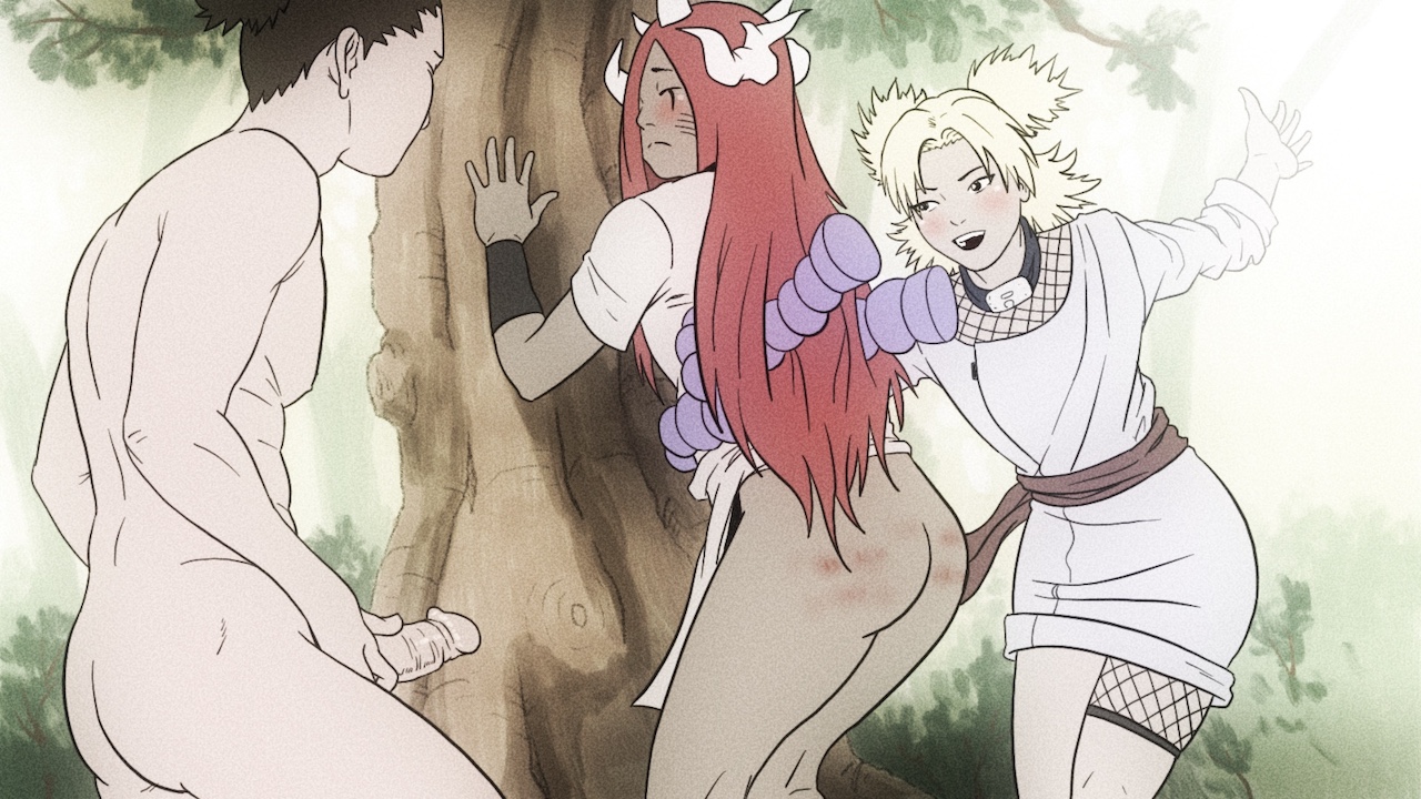 1boy, 2girls, against tree, ass, black hair, blonde hair, blush, closed eyes, female, femsub, hand on penis, horns, male, multiple females, multiple girls, nara shikamaru, naruto, naruto (classic), naruto (series), no panties, outdoors, penis, red hair, second stage curse mark, spanking, standing, tayuya, temari, temon