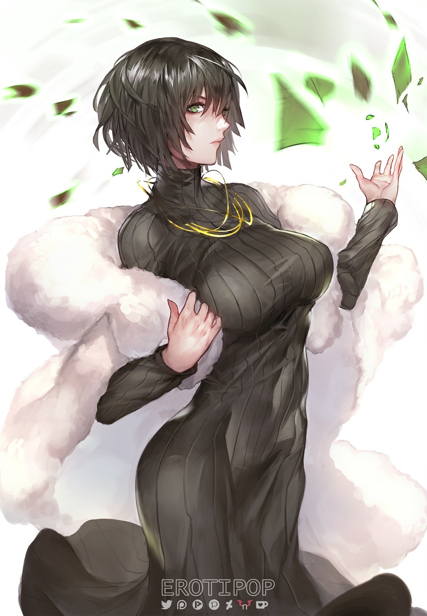 1girls, 2021, 2d, 2d (artwork), artist name, artist request, black dress, black hair, bra through clothes, breasts, cape, clothed, clothed female, covered navel, cowboy shot, debris, dress, esper, female, female only, fubuki (one-punch man), fur cape, green eyes, highres, jewelry, large breasts, leaf, lips, long sleeves, looking at viewer, necklace, one-punch man, pantylines, questionable, ribbed dress, sfw, short hair, solo, solo female, superheroine, superpowers, tagme (artist), telekinesis, turtleneck, turtleneck dress
