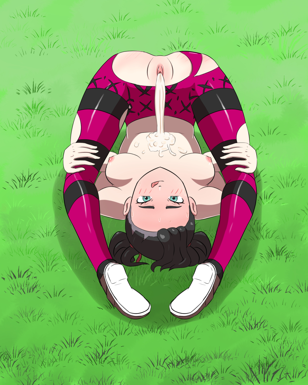 after sex, after vaginal, black hair, clothed female, crotchless, cum, cum in pussy, cum inside, cum leaking, cum leaking out of pussy, cum on body, female, grass, gym uniform, itzcoatl, leggings, marnie (pokemon), nipples, no bra, no panties, outside, pokemon, pokemon ss, pussy, solo female, topless, torn clothes