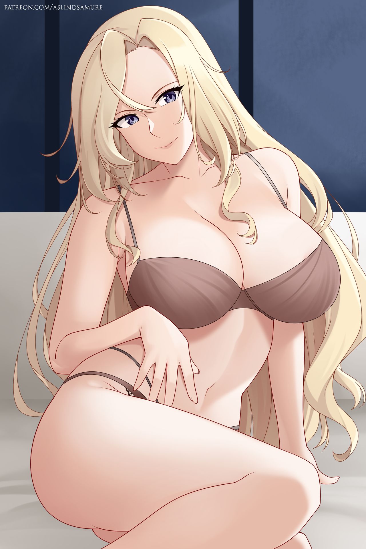 aslindsamure big_breasts blonde_hair breasts female female_focus female_only hand_on_hip hornet_(kantai_collection) kantai_collection leaning_to_the_side lingerie long_hair looking_at_viewer purple_eyes sitting