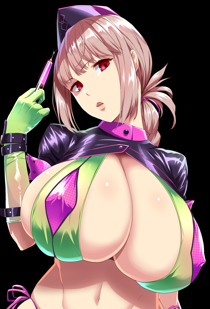 belly belly_button breasts fate/grand_order fate_(series) florence_nightingale_(fate) florence_nightingale_(trick_or_treatment)_(fate) glistening glistening_body glistening_skin gloves hyper hyper_breasts kloah latex latex_gloves lipstick needle red_eyes top_heavy voluptuous