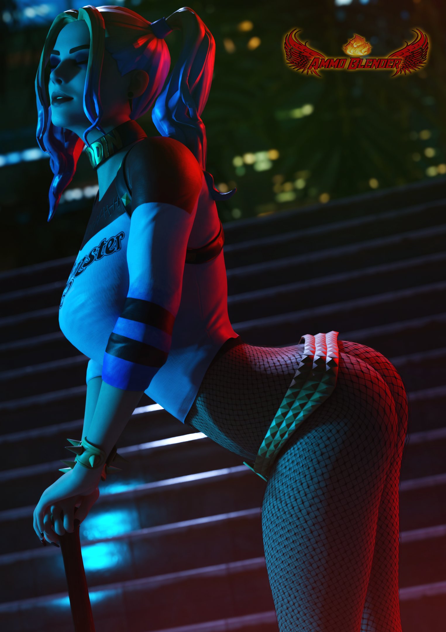 1girls, 3d, ammo blender, ass, batman (series), belt, blonde hair, blue highlights, bottomless, bubble ass, bubble butt, choker, closed eyes, crop top, dc, dc comics, dim lighting, dyed hair, eyeshadow, female, female only, fishnets, fortnite, fortnite: battle royale, harley quinn, harley quinn (fortnite), leaning forward, lipstick, no pants, pink highlights, solo, spiked bracelet, suicide squad, suicide squad (2016), twintails