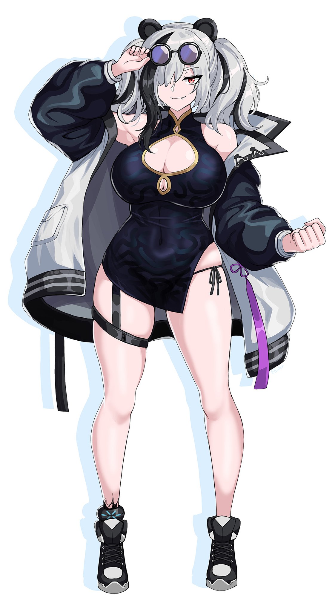 arknights, bear ears, bear girl, big breasts, breasts, china dress, chinese dress, cleavage, curvy, cute fang, drogod (artist), eyewear on head, feater (arknights), female, full body, hair over one eye, huge breasts, jacket, looking at viewer, panda ears, short hair, silver hair, sunglasses, sunglasses on head, thick thighs, thigh strap, wide hips