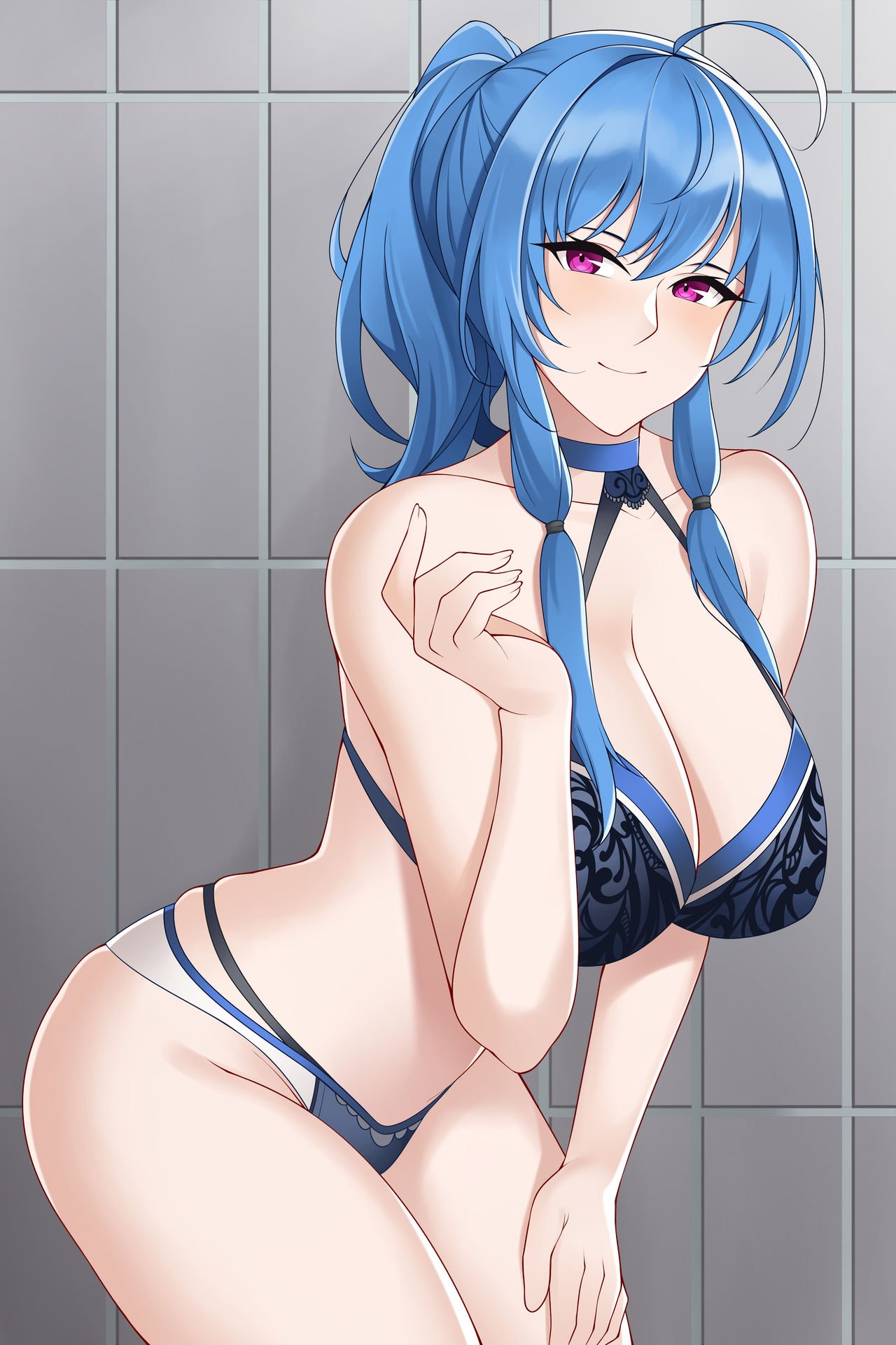 aslindsamure, azur lane, big breasts, blue hair, blue lingerie, breasts, cleavage, female, hair tie, hand on knee, leaning forward, lingerie, looking at viewer, multi-strapped bikini, ponytail, purple eyes, st. louis (azur lane)