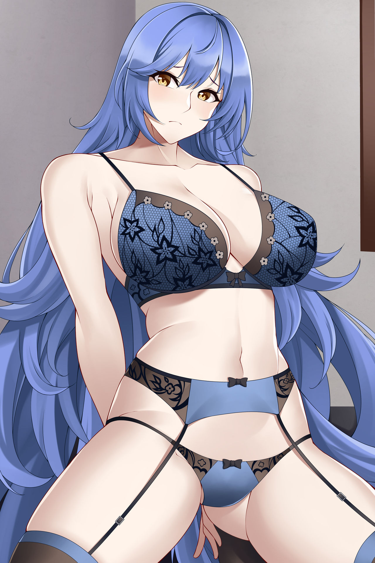 arms behind back, aslindsamure, blue hair, blue lingerie, blush, breasts, cleavage, embarrassed, female, female focus, female only, frown, frowning, garter belt, girls' frontline, large breasts, legs apart, lingerie, long hair, looking at viewer, squatting, tar-21 (girls' frontline), thighhighs, yellow eyes
