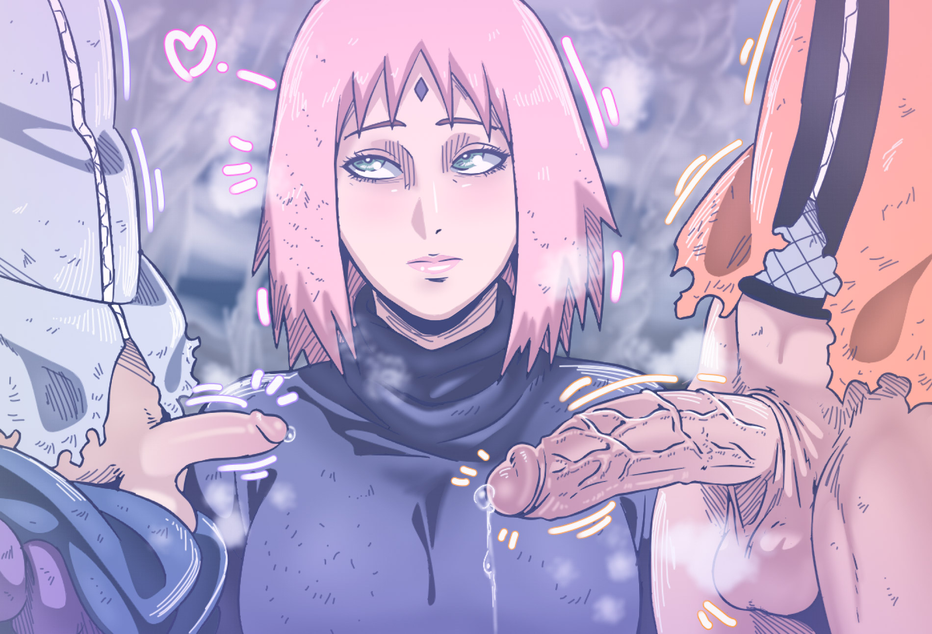 1girls, 2boys, balls, big breasts, big penis, blush, bob cut, breasts, clothed, clothing, d-art, erection, female, forehead jewel, forehead mark, fully clothed, green eyes, haruno sakura, huge breasts, large penis, lipstick, looking to the side, male, medium hair, naruto, naruto (series), naruto shippuden, netorare, ntr, pants down, penis, penis awe, penis comparison, penis size difference, pink hair, pink lips, pink lipstick, precum, precum drip, sakura haruno, sasuke uchiha, size comparison, small penis, small penis adoration, small penis humiliation, straight, testicles, uchiha sasuke, unseen male face, uzumaki naruto, veiny penis