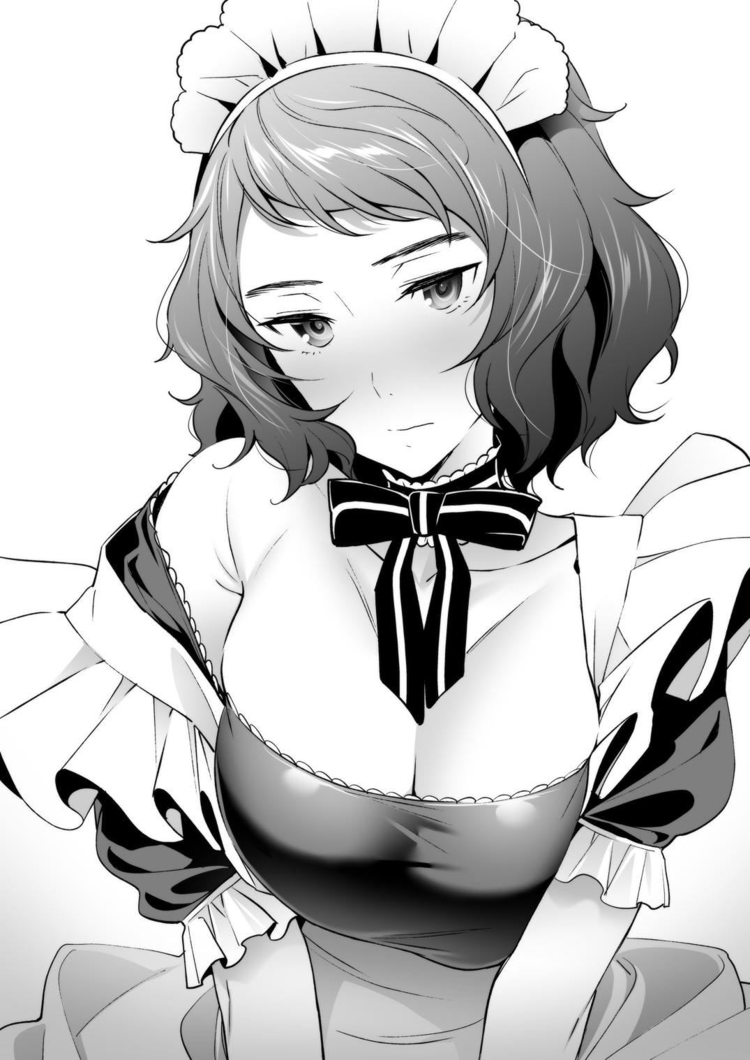 1girls, bangs, bob cut, breasts, cleavage, commentary request, detached collar, female, frilled sleeves, frills, gradient, gradient background, greyscale, head tilt, highres, hizuki akira, large breasts, looking at viewer, maid, maid headdress, monochrome, neck ribbon, persona, persona 5, puffy short sleeves, puffy sleeves, ribbon, sadayo kawakami, short hair, short sleeves, solo, standing, strap slip, swept bangs, upper body, v arms