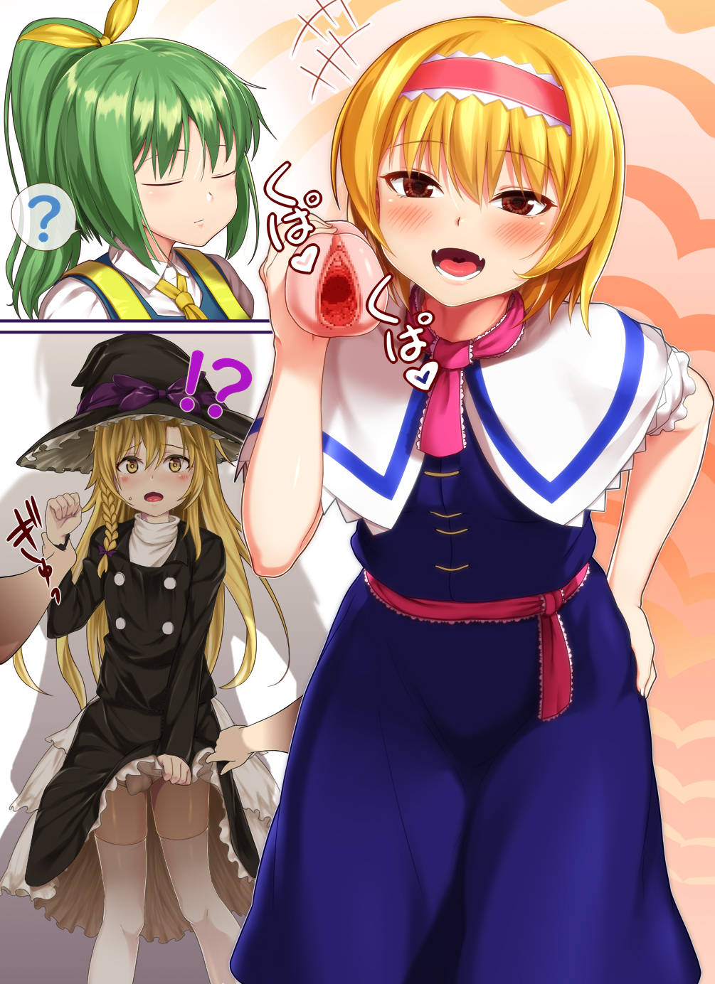 !? 1boy 2girls ? alice_margatroid artificial_vagina bangs black_skirt blonde_hair blue_dress blush bob_cut bow breasts brown_eyes bulge capelet censored closed_eyes closed_mouth commentary_request cookie_(touhou) daiyousei diyusi_(cookie) dress eyebrows_visible_through_hair feet_out_of_frame female femboy frilled_hairband frilled_neckwear frilled_sash frills genderswap_(ftm) green_hair hair_between_eyes hair_ribbon hairband hat hat_bow highres hinase_(cookie) leaning_forward long_hair long_sleeves looking_at_viewer male marisa_kirisame medium_hair molestation multiple_girls open_mouth otoko_no_ko panties petticoat pink_hairband pink_neckwear pink_sash ponytail purple_bow rei_(cookie) ribbon rule_63 sash sex_toy shirt short_hair sinzen skirt sweat thighhighs tongue touhou trap turtleneck underwear upper_body white_capelet white_legwear white_panties white_shirt witch_hat yellow_eyes yellow_ribbon you_gonna_get_raped