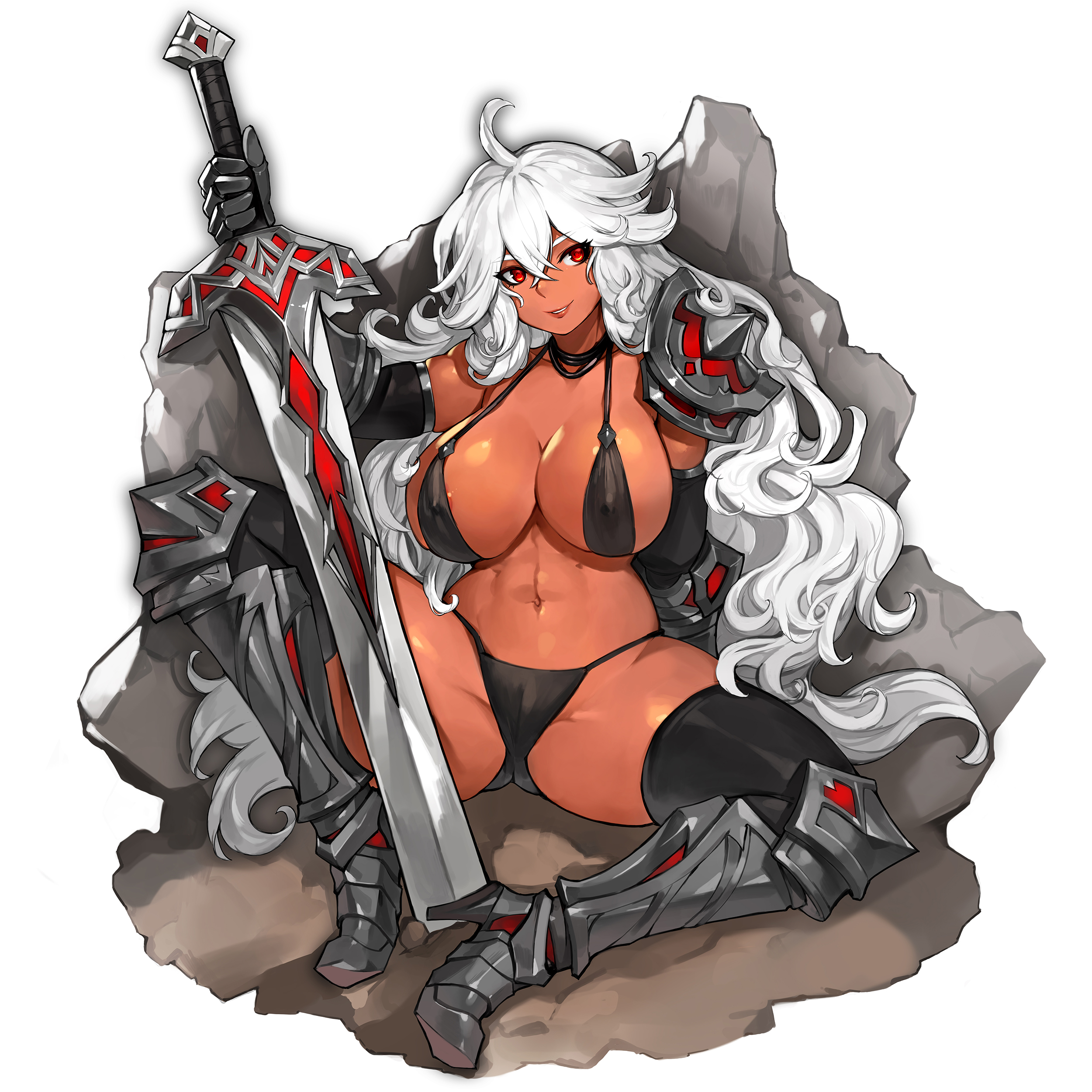 abs, areolae, areolae peeking, armor, belly, belly button, big breasts, bikini, bikini bottom, bikini top, black bikini, breasts, curly hair, dark skin, dark-skinned female, female, female focus, female only, gurimjang, heels, long hair, navel, original, original character, red eyes, rock, solo, spread, spread legs, sword, white background, white hair