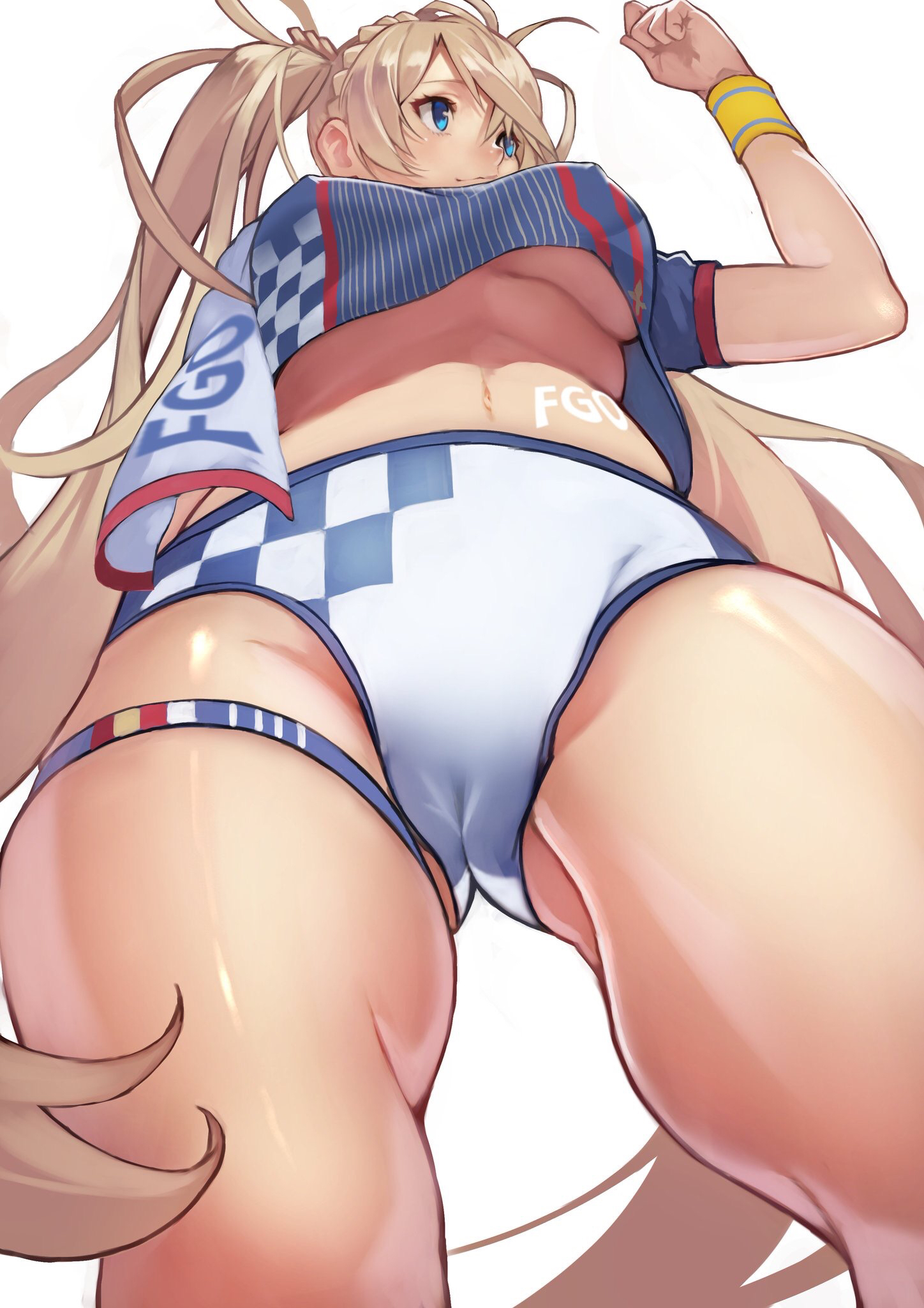 1girls, arm up, ass visible through thighs, bangs, blonde hair, blue eyes, body writing, bra, bradamante (fate), braid, breasts, cameltoe, commentary request, copyright name, crown braid, fate (series), fate/grand order, female, fist pump, french braid, hair between eyes, highres, long hair, looking to the side, navel, pussy, race queen, shirt, short sleeves, smile, solo, stomach, thigh strap, thighs, twintails, underboob, underwear, very long hair, wristband, yoshi55level