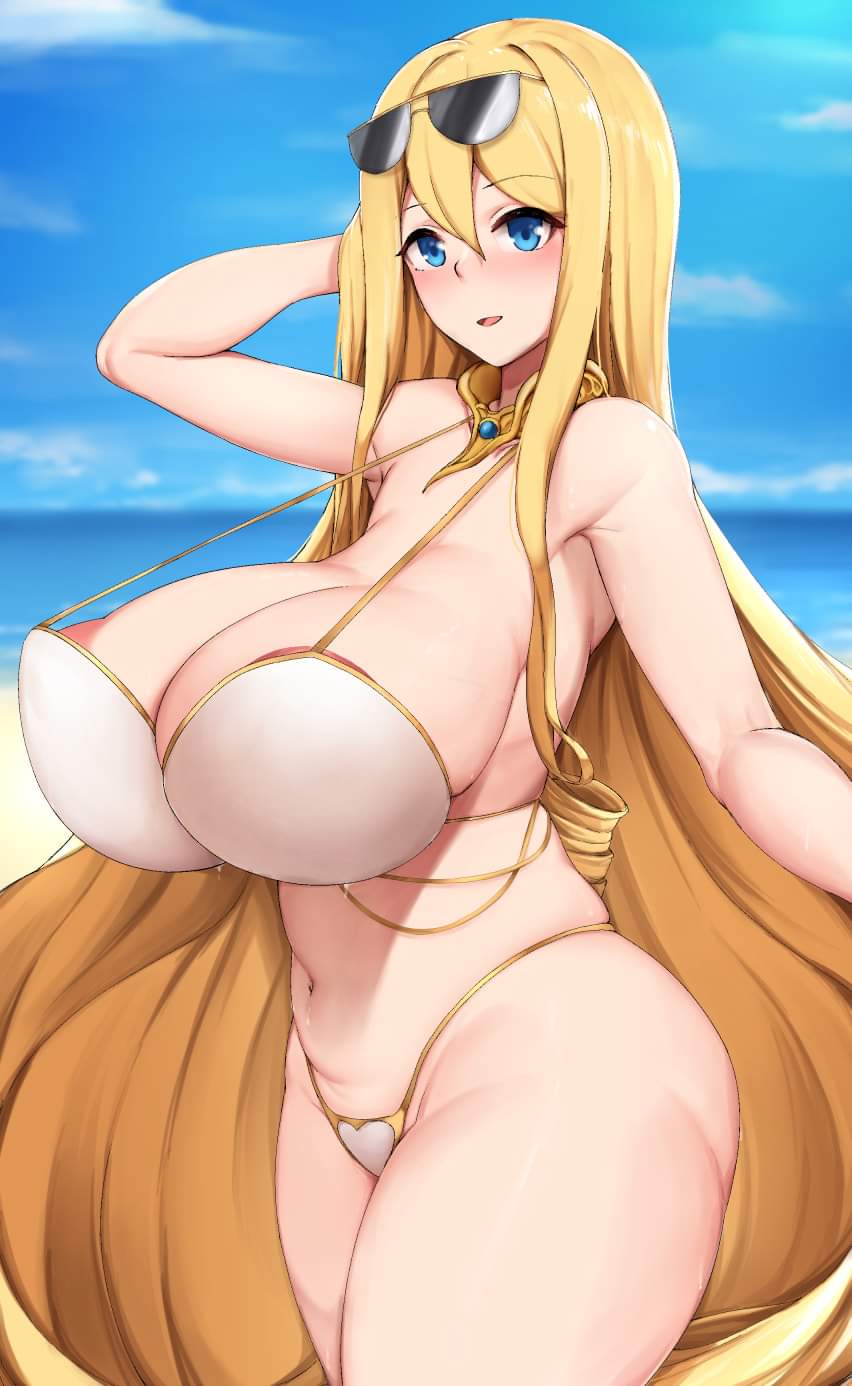 1girls alternate_costume beach blonde_hair bubble_butt charlotte_(jewelry_bikini)_(last_origin) charlotte_(last_origin) dantes_ward eyewear_on_head huge_ass huge_breasts last_origin light-skinned_female light_skin looking_at_viewer massive_ass official_alternate_costume oversized_clothes plump sea solo sunglasses_on_head swimsuit thick_thighs thighs white_panties white_swimsuit wide_hips