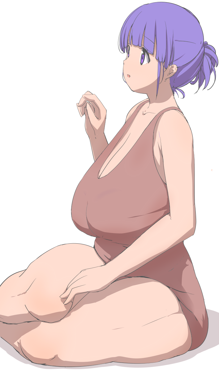 bangs bare_shoulders breasts brown_swimsuit chestnut_mouth cleavage clothed collarbone female female_focus hand highres huge_breasts human index_finger_raised light_purple_hair limited_color long_breasts long_cleavage namamo namamo_(kura) one-piece_swimsuit plump purple_eyes purple_hair short_hair simple_background sitting sketch solo swimsuit thick_thighs thighs white_background yokozuwari