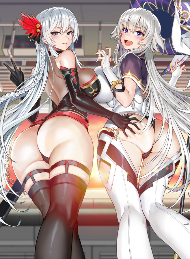 2girls ass ass_grab boots breasts bubble_butt from_behind garter_straps green_eyes hat highleg huge_ass large_breasts long_hair looking_at_viewer looking_back mage magician multiple_girls original silver_hair source_request staff sunset sword taesi thigh_boots thighhighs train_interior v weapon white_hair wizard wizard_hat