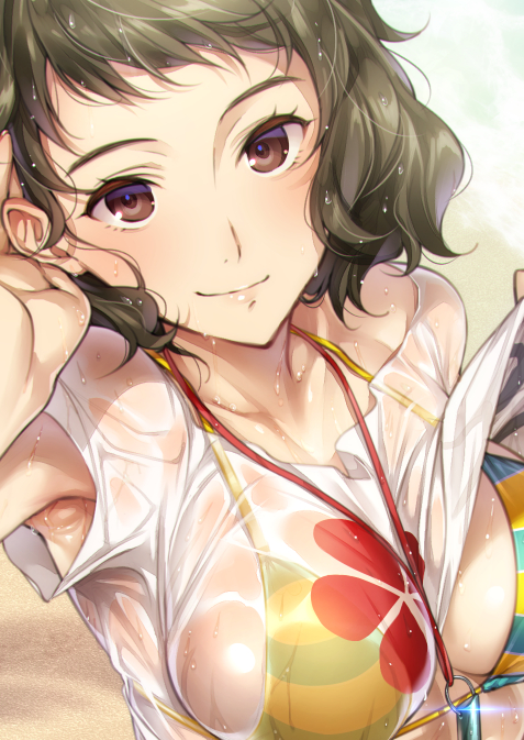 10s arm_up armpit_peek armpits bangs beach bikini bikini_top black_hair blush bra breasts brown_eyes closed_mouth collarbone collarbones commentary_request day facing_viewer female hand_up happy hizuki_akira jewelry large_breasts lifted_by_self looking_at_viewer messy_hair outdoors persona persona_5 pose print_shirt sadayo_kawakami sand see-through shirt shirt_lift short_hair short_sleeves smile solo striped striped_bikini striped_bikini_top swimsuit swimwear t-shirt teacher underwear upper_body water wet wet_clothes wet_hair wet_shirt whistle white_shirt