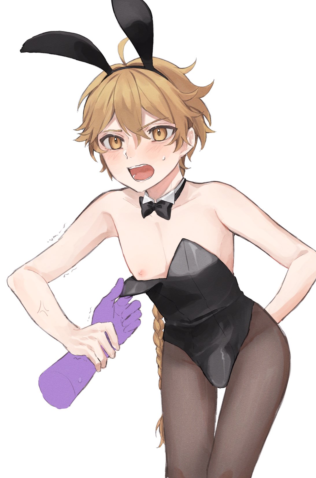 1boy, aether (genshin impact), blonde hair, bulge, bunny ears, bunnysuit, disembodied hand, femboy, genshin impact, gold eyes, long hair, male, male only, nipples, solo focus, trap