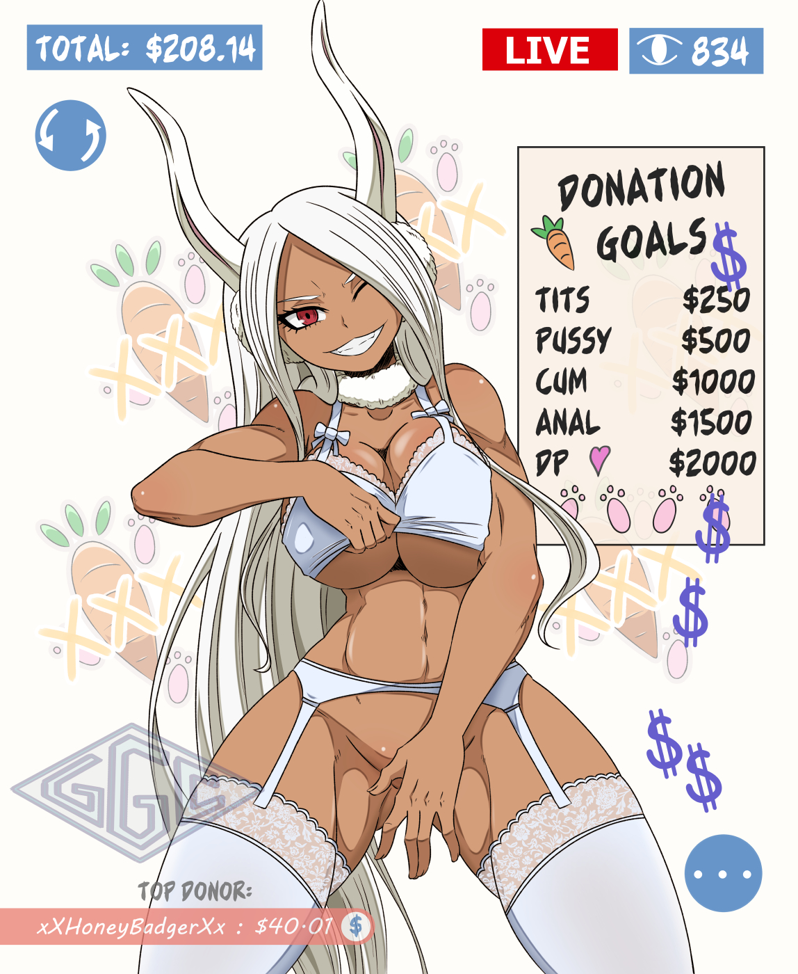 1girls, bare shoulders, bottomless, bra, bra lift, breasts, bunny ears, covering, covering crotch, curvy, curvy figure, dark skin, dark-skinned female, female, female only, garter belt, garter straps, ggc, grin, legwear, lingerie, livestream, long hair, looking at viewer, miruko, my hero academia, no panties, one eye closed, partially clothed, red eyes, rumi usagiyama, smile, standing, stockings, teasing, thick thighs, underboob, underwear, undressing, very long hair, white fur, wide hips, wink