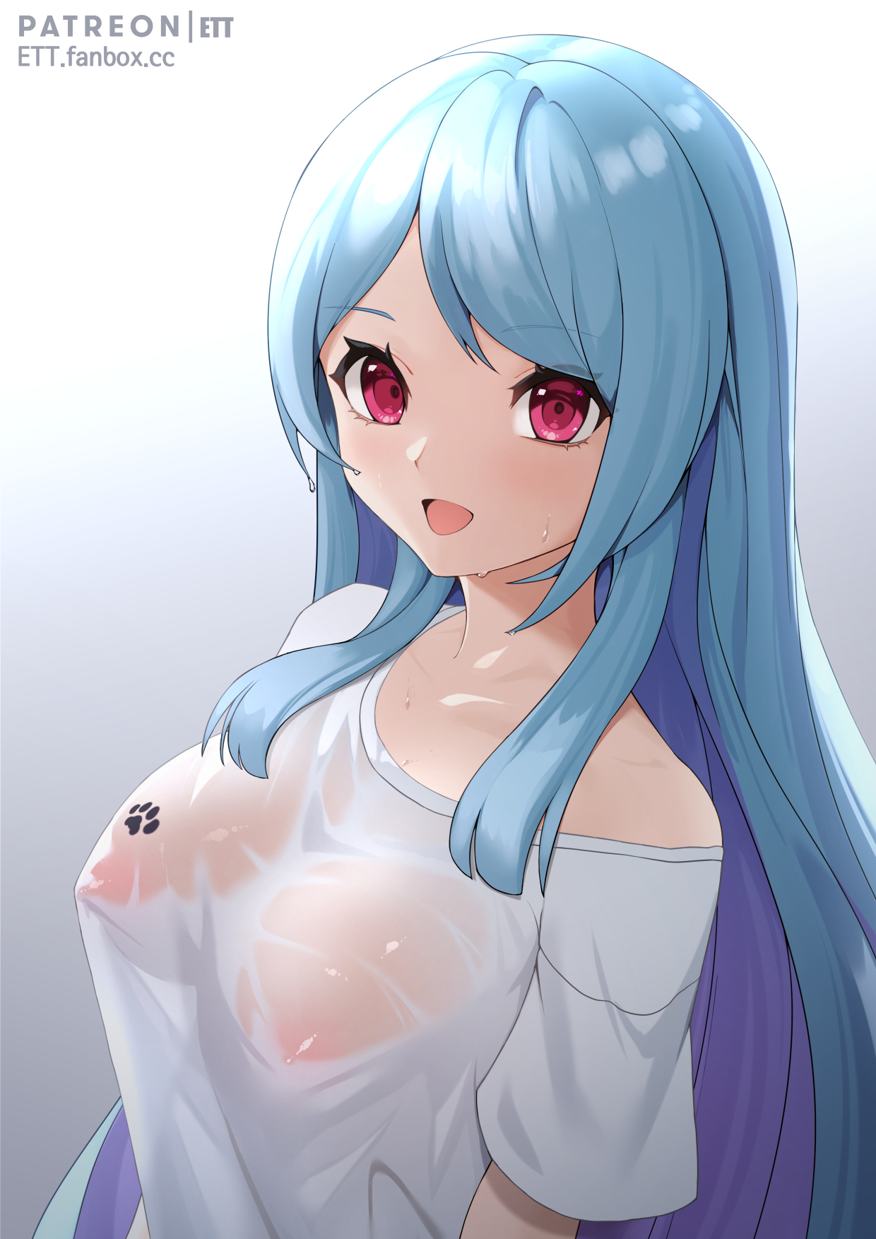 :d, artist name, bangs, blue hair, blush, breasts, collarbone, colored inner hair, ett, eyebrows visible through hair, female, gradient, gradient background, grey background, grey shirt, highres, large breasts, long hair, looking at viewer, multicolored hair, nipples, no bra, off shoulder, open mouth, original, paw print, paw tattoo, pink eyes, purple hair, see-through, shirt, short sleeves, single bare shoulder, smile, solo, straight hair, swept bangs, tattoo, upper body, very long hair, wet, wet clothes, wet shirt