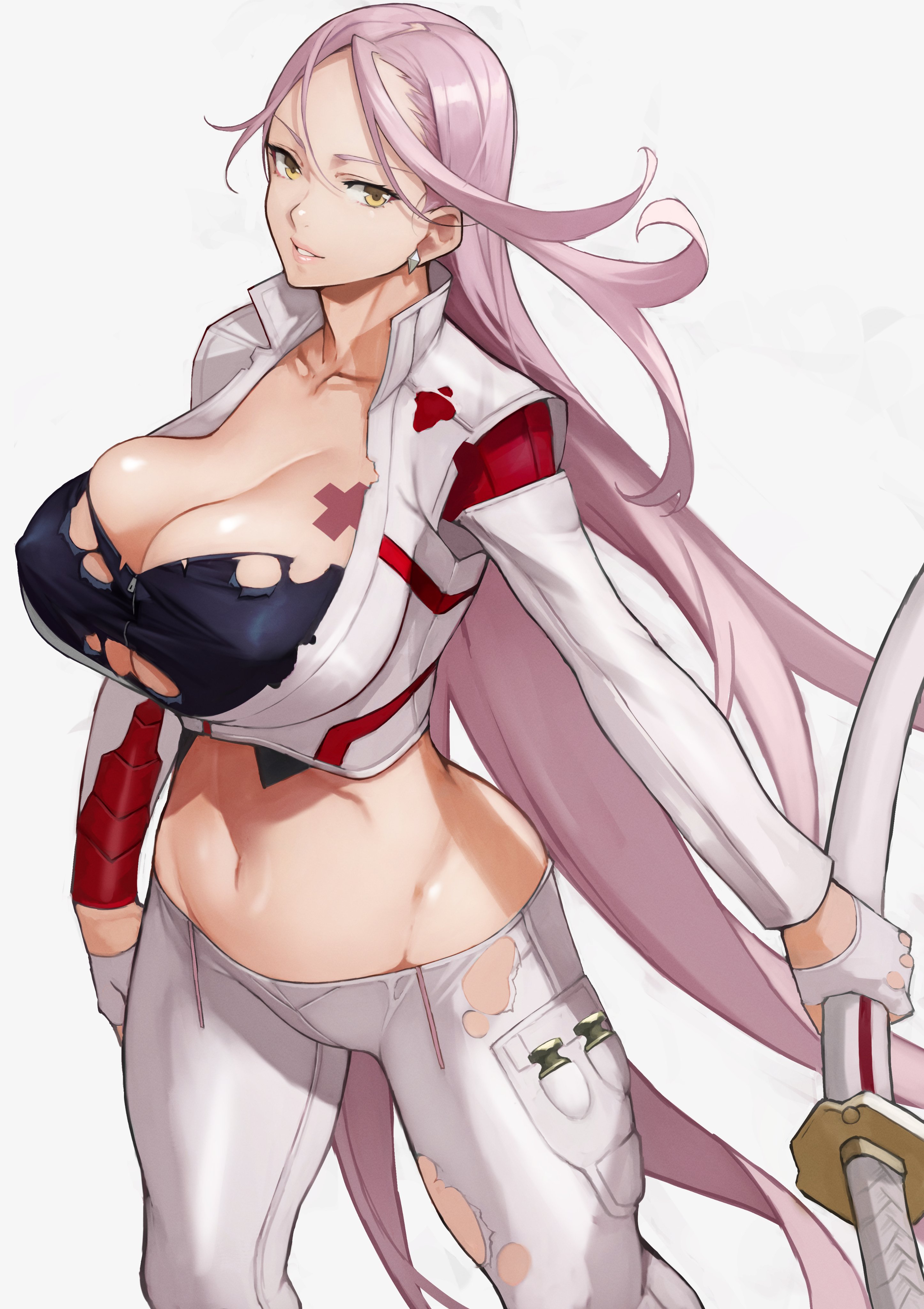 1girls, absurdres, black bra, bra, breast tattoo, breasts, cleavage, clothing, cropped jacket, earrings, female, female only, fingerless gloves, gloves, highres, holding, holding sword, holding weapon, huge breasts, jacket, jewelry, katana, large breasts, long hair, mature female, navel, pants, parted lips, pink hair, pink lips, sagiri yuuko, scabbard, skindentation, solo, standing, stomach, sword, tattoo, torn bra, torn clothes, torn pants, triage x, underwear, very long hair, weapon, white background, white jacket, white pants, yellow eyes, yoshi55level