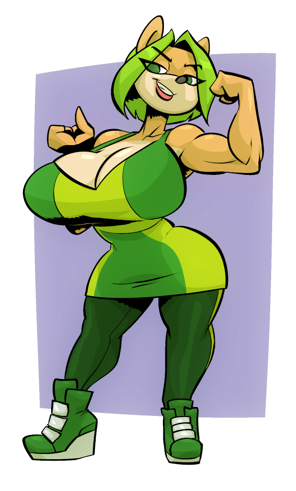 2020, activision, ami bandicoot, anthro, big breasts, bigdad, breasts, cleavage, clothed, clothing, crash (series), female, female focus, female only, fur, furry, furry only, green eyes, green hair, huge breasts, large breasts, short hair, solo, standing, thick thighs, wide hips