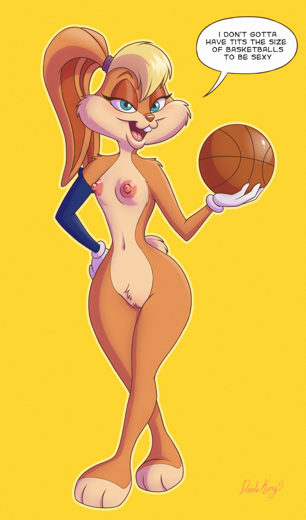 :3 anthro blonde_hair blue_eyes breasts clothing dazzlekong female flat_chested genitals gloves gloves_only hair handwear handwear_only hi_res lagomorph leporid lola_bunny looking_at_viewer looney_tunes mammal mostly_nude nipples nude pussy rabbit simple_background small_breasts solo space_jam text warner_brothers