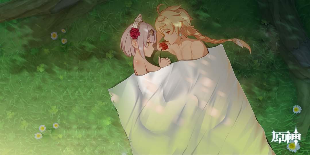1boy, 1girls, aether (genshin impact), blonde hair, braid, braided hair, breasts, female, flower, genshin impact, good end, lying, male, naked, noelle (genshin impact), nude, photoshop, short hair, straight, white hair