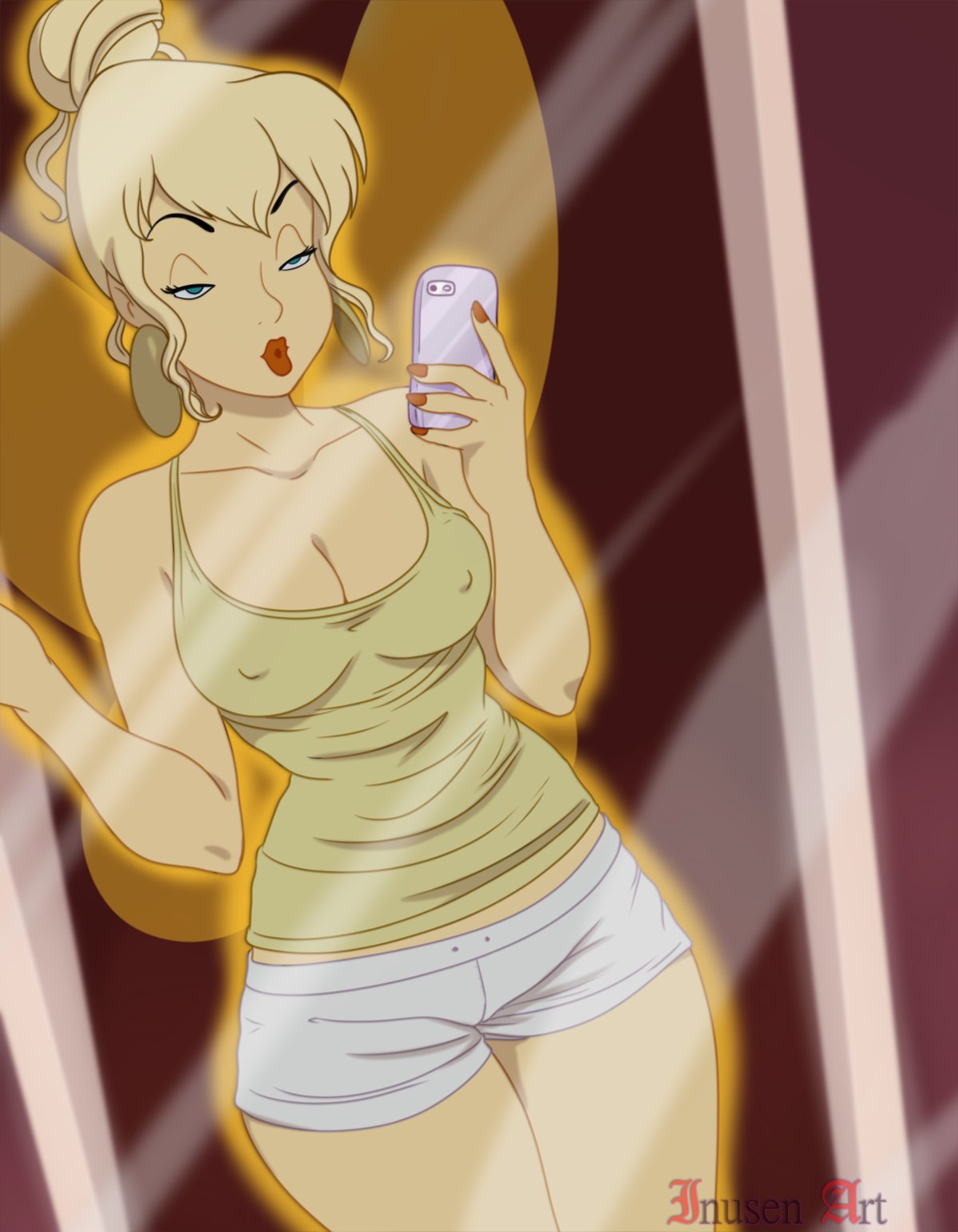 1girls, blonde hair, blue eyes, cellphone, cleavage, clothed, disney, disney fairies, earrings, erect nipples, fae, faerie, fairy, fairy wings, female, female only, fey, half-closed eyes, insect wings, inusen, lipstick, mirror, mirror selfie, nail polish, nipples, nipples visible through clothing, peter pan (disney), pixie, pixie wings, pout, reflection, seductive look, selfie, short shorts, shorts, solo, tank top, tied hair, tinker bell, wings