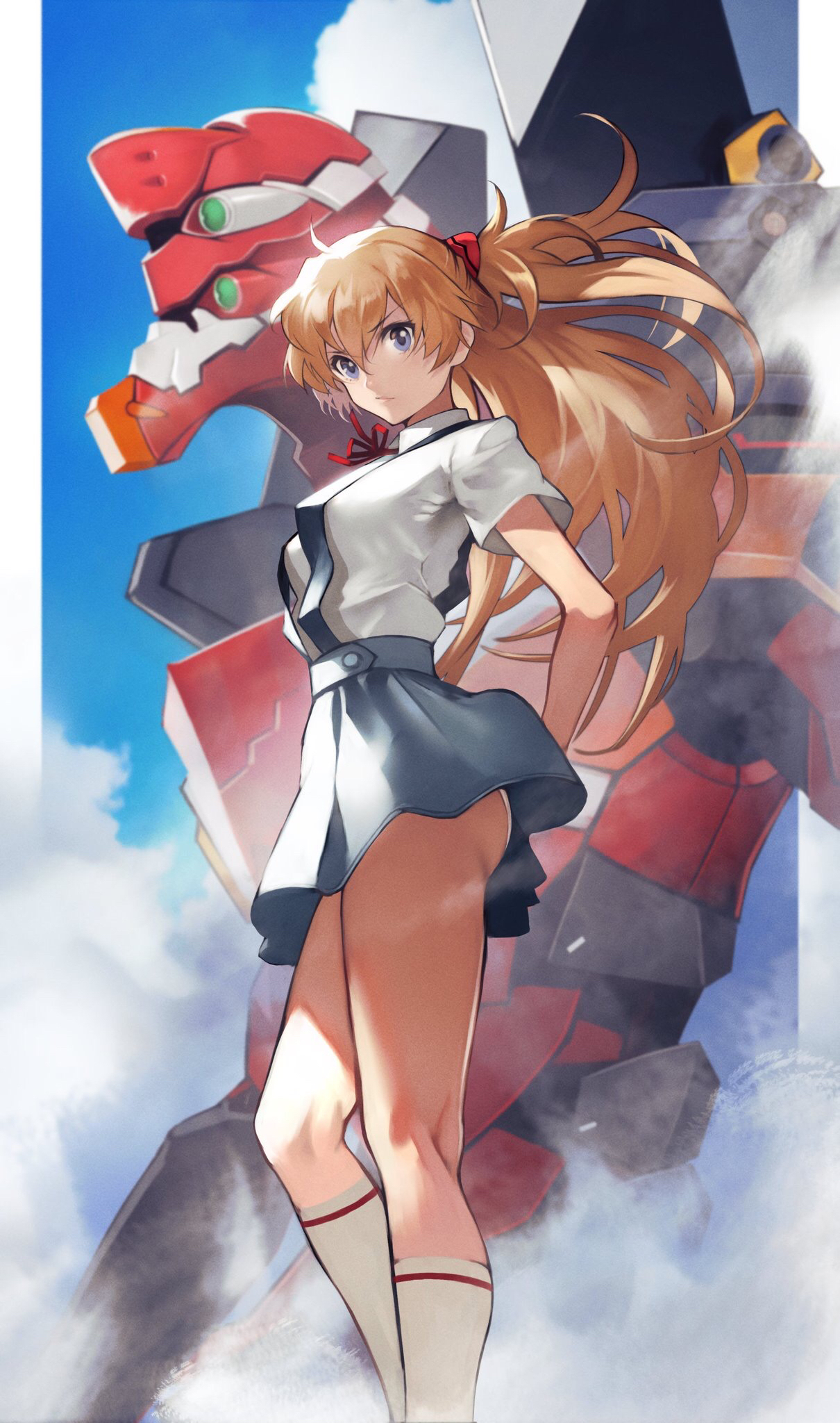 1girls, arms behind back, ass, asuka langley sohryu, bangs, blue eyes, breasts, bubble ass, bubble butt, clothing, cloud, cloudy sky, commentary, day, english commentary, feet out of frame, female, floating hair, from side, frown, hair ornament, highres, kneehighs, legs, long hair, long legs, looking at viewer, medium breasts, miniskirt, neon genesis evangelion, no panties, orange hair, outdoors, school uniform, shirt, short sleeves, skinny, skirt, sky, socks, solo, standing, thighs, v-shaped eyebrows, white legwear, white shirt, wind, yoshi55level