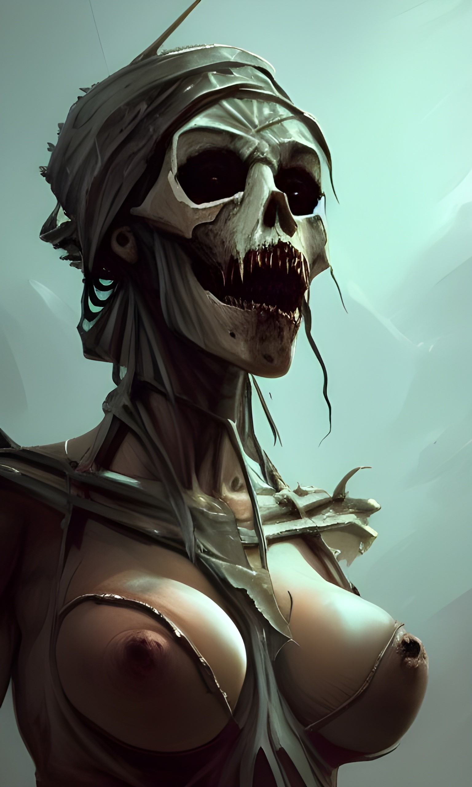 1girls, ai generated, breasts, female, female only, mummy, nightmare fuel, nude, skull, solo, undead, unknown artist, zombie