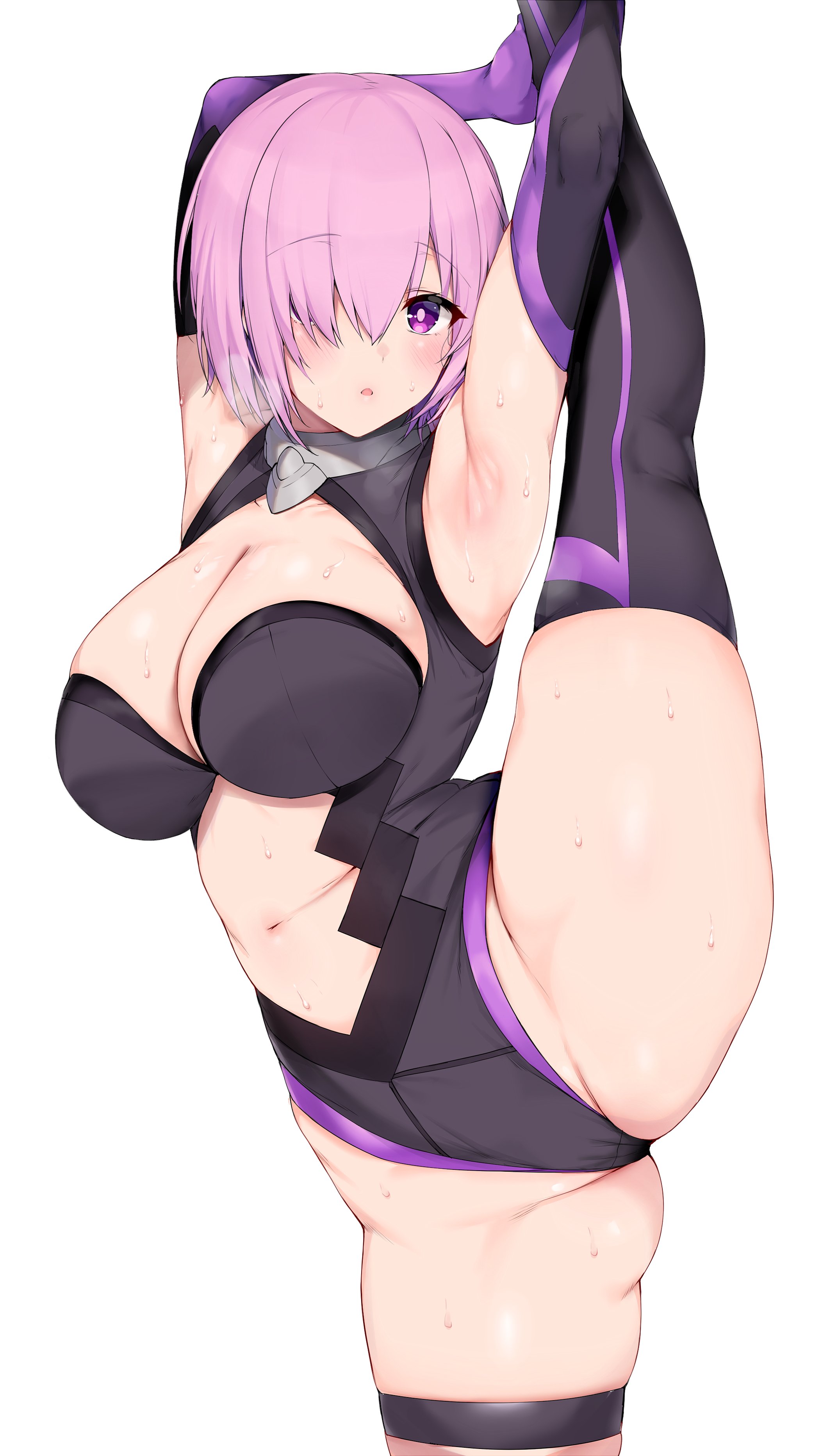 absurdres, armpits, arms up, bangs, bare shoulders, black legwear, black leotard, blue gk, blush, breasts, cleavage, cleavage cutout, clothing cutout, collar, elbow gloves, fate (series), fate/grand order, female, gloves, hair over one eye, highleg, highleg leotard, highres, large breasts, leg lift, leg up, leotard, light purple hair, looking at viewer, mash kyrielight, metal collar, navel, open mouth, purple eyes, purple gloves, revision, short hair, simple background, splits, standing, standing on one leg, sweat, thighhighs, thighs, vertical splits, white background