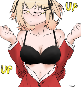 1girls artist_request batatacompepino blonde_hair bra closed_eyes clothed clothing collarbone eyes_closed female female_focus female_only glasses long_sleeves lowres medium_breasts medium_hair open_clothes simple_background tagme text virtual_youtuber white_background