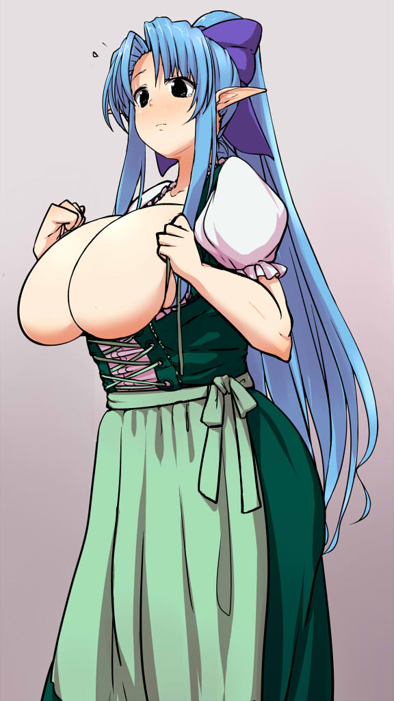 adjusting_clothes apron big_breasts black_eyes blue_hair bodice breasts bursting_breasts cleavage corset cyan_hair dirndl dress elf female frown german_clothes hair_ribbon huge_breasts juliet_sleeves light_blue_hair long_hair maid namamo namamo_(kura) no_nipples plump pointy_ears ponytail puffy_sleeves purple_ribbon soft_breasts solo very_long_hair wardrobe_malfunction