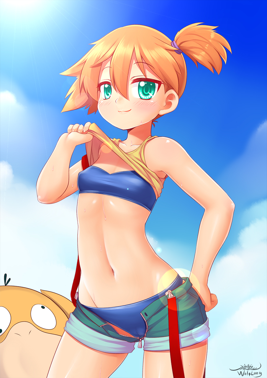 1girls armpits bikini bikini_under_clothes blue_bikini blush cameltoe day eyebrows_visible_through_hair female female_only highres kasumi_(pokemon) lifted_by_self looking_at_viewer nintendo orange_hair outdoors pokemon pokemon_(species) pokemon_rgby psyduck red_hair shirt_lift smile solo solo_focus standing stomach swimsuit wolflong