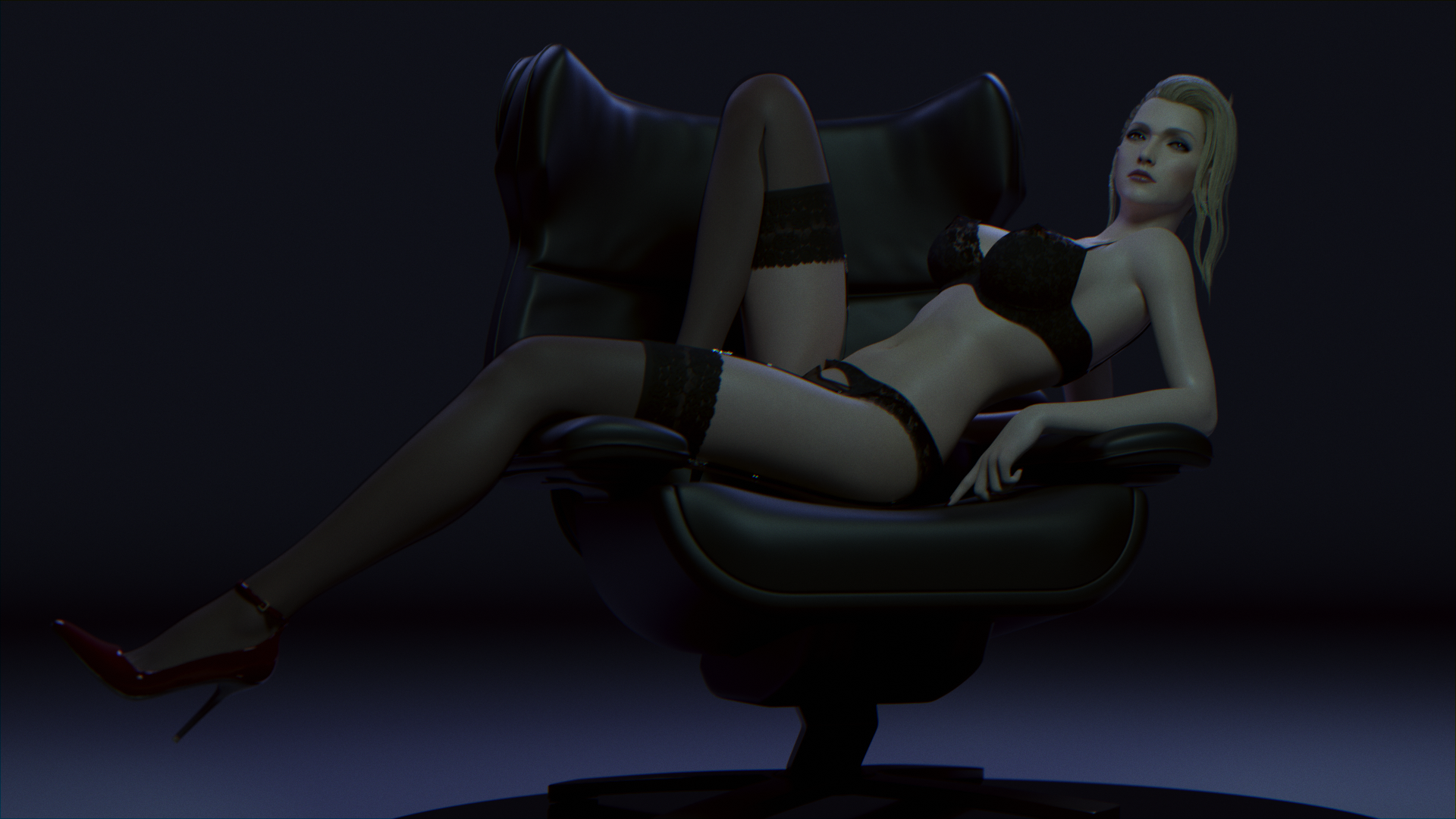 1girls, 3d, big breasts, black bra, black lingerie, black panties, blender, blonde, blonde hair, blue eyes, bra, breasts, busty, chair, clothed, clothing, female, female only, final fantasy, final fantasy vii, final fantasy vii remake, heels, high heels, large breasts, leaning on elbow, light skin, light-skinned female, lingerie, lipstick, makeup, office chair, pale skin, pale-skinned female, panties, pinup, pinup pose, platinum blonde hair, pose, posing, quilsfm, red shoes, scarlet (ffvii), shoes, sitting, sitting on chair, solo, stockings, thigh highs, thighhighs, tied hair, underwear