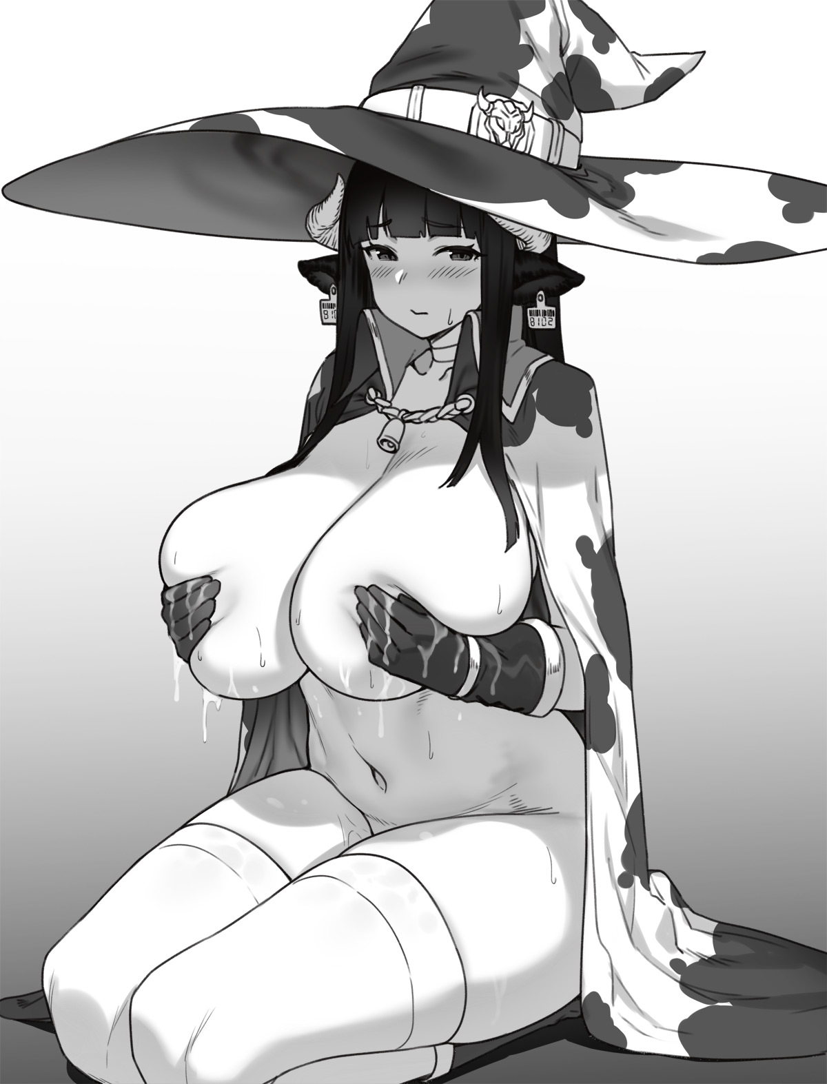 animal ears, animal print, bangs, blunt bangs, blush, breasts, cape, covering, covering breasts, cow ears, cow girl, cow horns, cow print, cow witch (houtengeki), ear tag, embarrassed, embarrassed nude female, female, female only, functionally nude, functionally nude female, gloves, hat, highres, horns, houtengeki, huge breasts, lactating nipples, lactation, long hair, looking at viewer, looking away, monochrome, navel, original, seiza, sitting, solo, squeeze, squeezing, squeezing breast, swimsuit, thighhighs, witch hat