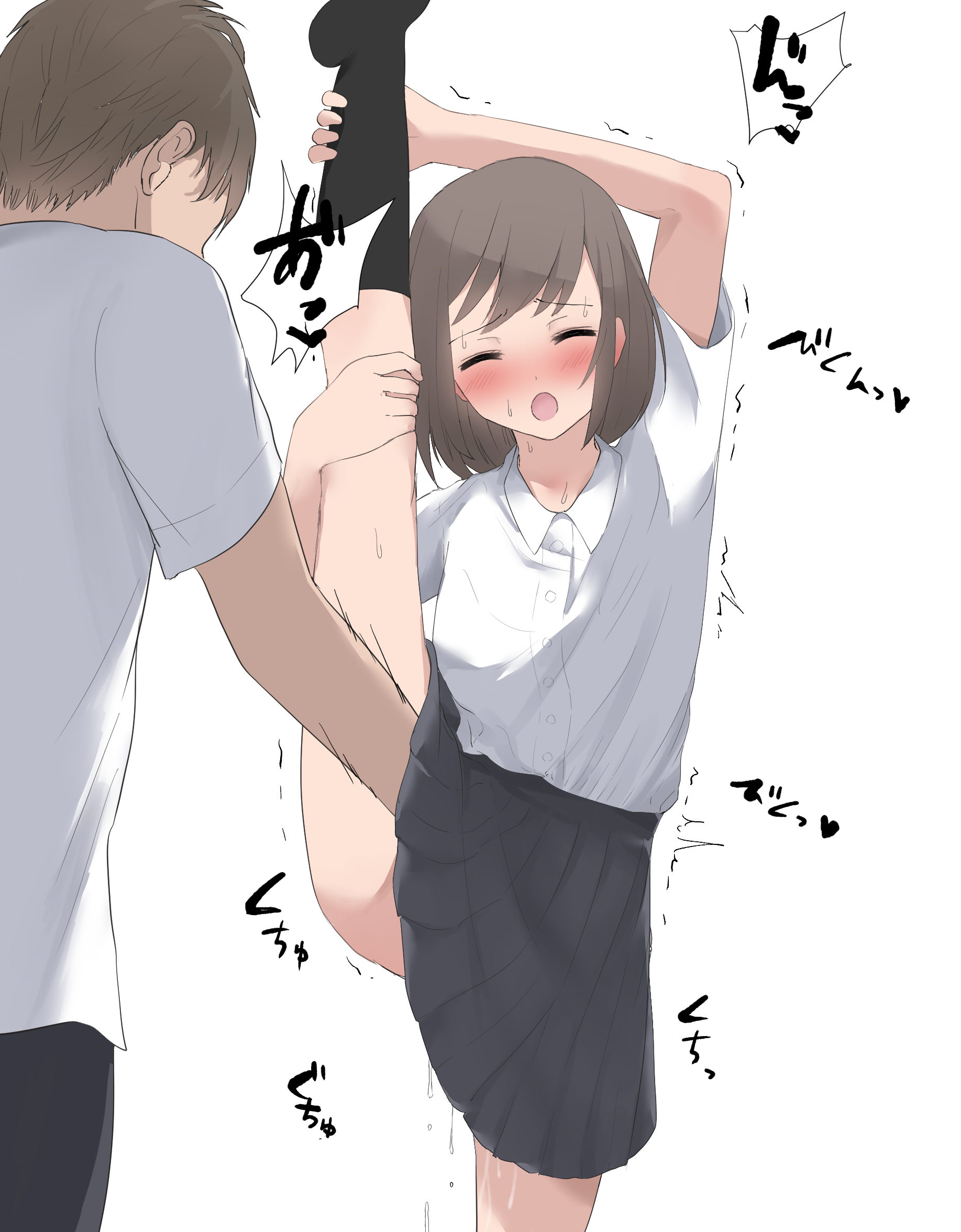 1boy, 1girls, arm up, bangs, black legwear, black skirt, blush, breasts, brown hair, closed eyes, clothing, commentary request, eyebrows visible through hair, faceless, faceless male, female, female orgasm, fingering, hand under clothes, hand up, head tilt, heart, highres, kneehighs, leg up, male, miniskirt, nose blush, open mouth, orgasm, original, pleated skirt, pussy, pussy juice, school uniform, shirt, shirt tucked in, short hair, sidelocks, simple background, skirt, small breasts, solo focus, sound effects, speech bubble, splits, spoken heart, spread legs, standing, standing on one leg, standing split, straight, straight-on, swept bangs, talking, trembling, vertical splits, wararu (user uecx7457), white background, white shirt