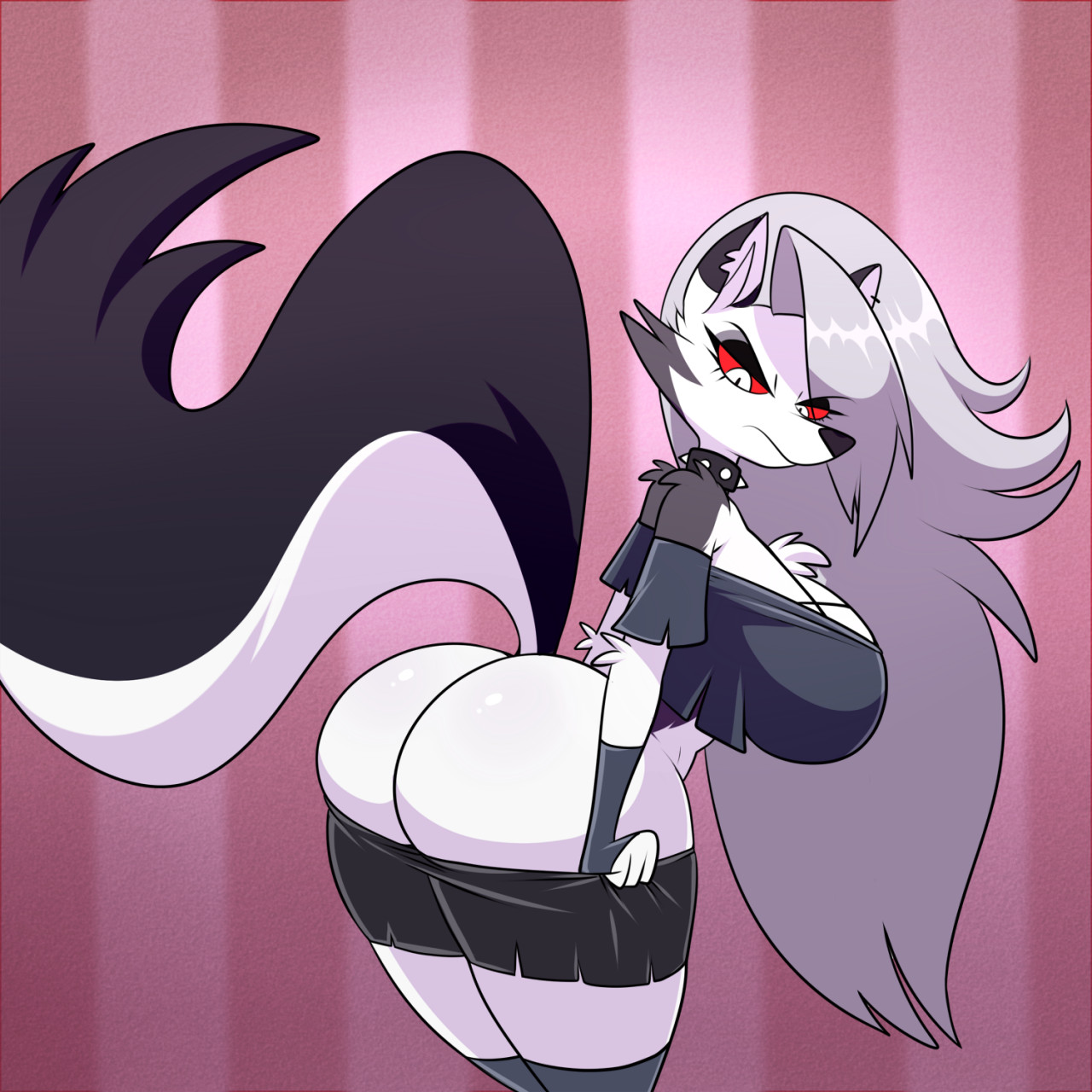 1girls, anthro, ass, ass crack, black body, black fur, butt crack, canid, canid demon, canine, canis, collar, demon, eyelashes, female, female only, furry, gloves, grey body, grey fur, grey hair, half-closed eyes, hellhound, helluva boss, leggings, lonbluewolf, long hair, looking down, loona (helluva boss), multicolored body, multicolored fur, mythological canine, mythological creature, mythology, notched ear, raised tail, shirt, shorts, spiked collar, spikes, tail, vivienne medrano, white body, white eyes, white fur, wolf