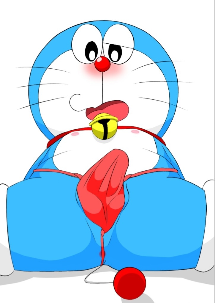 adorable anus blue_body blue_skin blush briefs chubby collar cute cute_face doraemon doraemon_(character) feline jingle_bell male male_only open_mouth overweight penis red_briefs red_collar red_nose red_tail robot solo solo_male urumeme whiskers white_feet